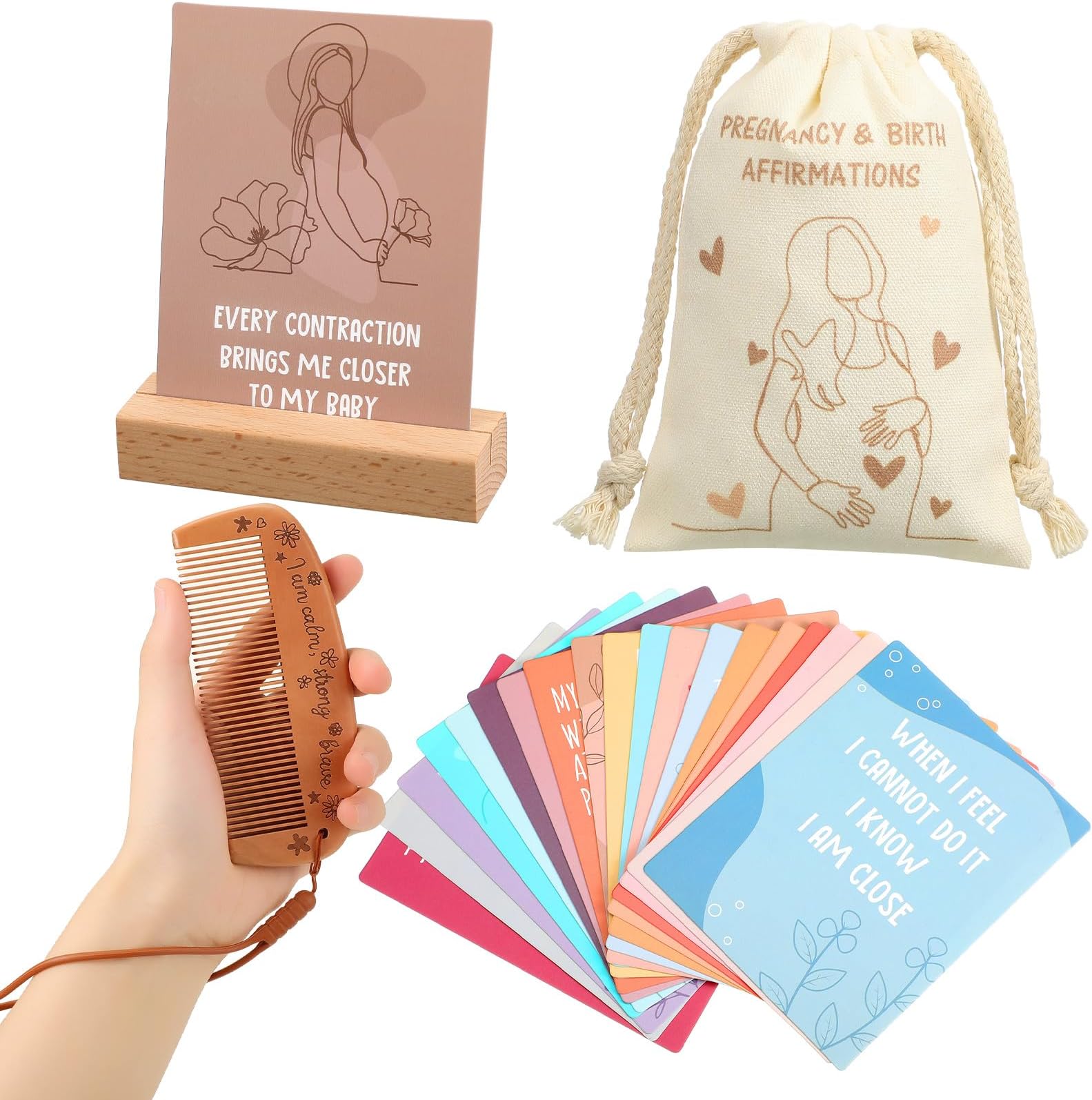Yungyan 23 Pcs Birthing Comb Gifts Set Includes Wooden Labor Comb Pregnancy Birth Affirmation Cards Canvas Bag for Pregnant Women Labor Pain Relief Essentials, New Mom Positive Encouragement Gifts