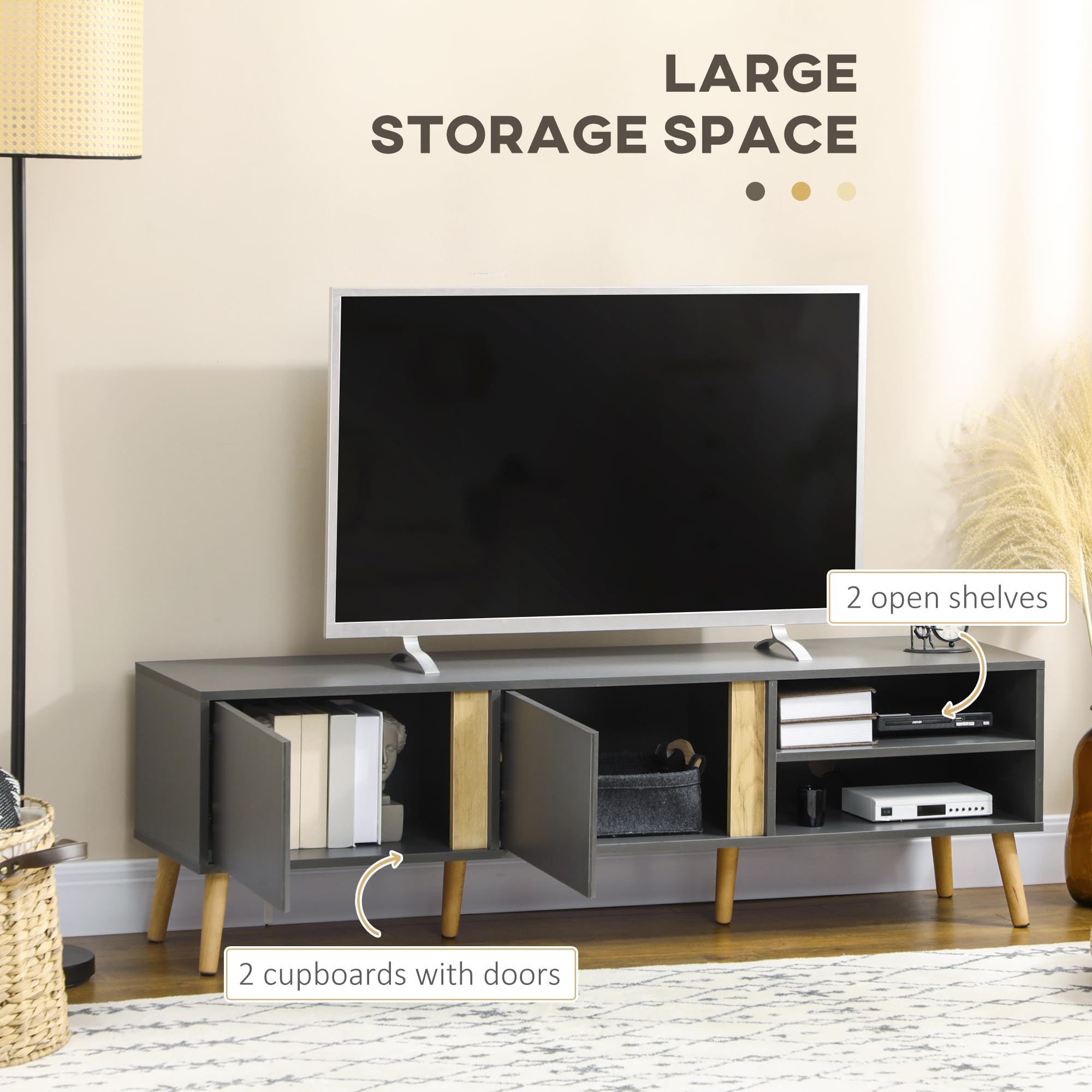 HOMCOM Mobile TV Design scandinavo 55 pollici 150 x 35 x 45 cm, grigio scuro | Panca TV, 2 porte, 2 nicchie, con passacavi, per TV fino a 55 pollici