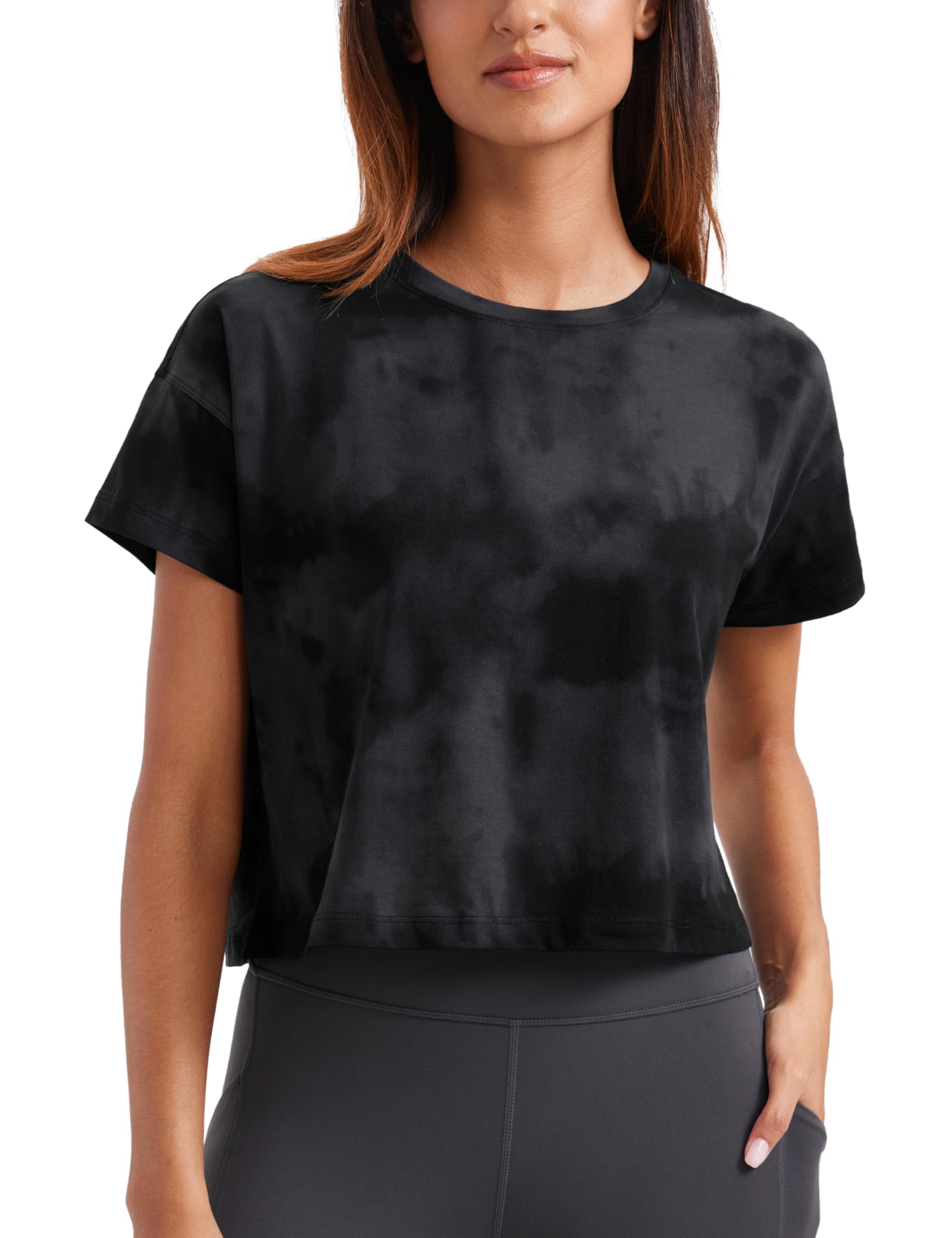 CRZ YOGA Pima Cotton Relaxed Crop T-Shirts for Women - Workout Athletic Gym Casual Short Sleeve Shirts Loose Crewneck Tops