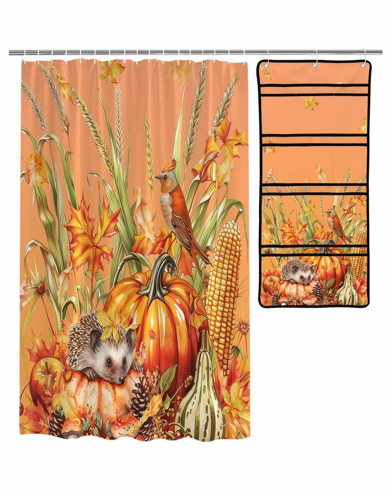 Shower Curtain Mesh Shower Organizer Set Watercolor Thanksgiving Harvest Fall Waterproof Bath Curtains Hanging Shower Caddy Bathroom Organizer