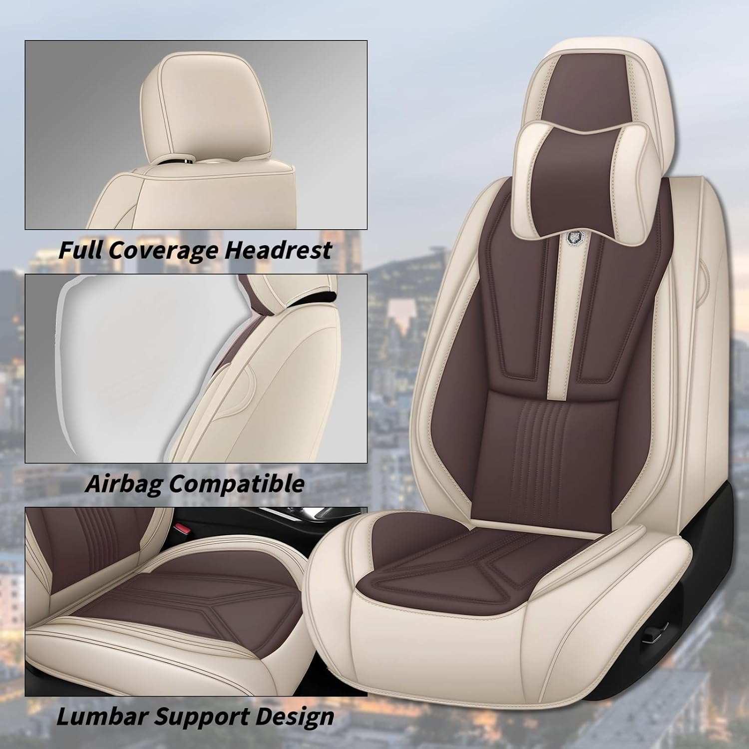 Arazi Front Seat Covers for Buick Enclave 2008-2025, Nappa Leather Seat Cover Full Coverage Waterproof Car Seat Protector (Beige&Brown,2 Seats Luxury)