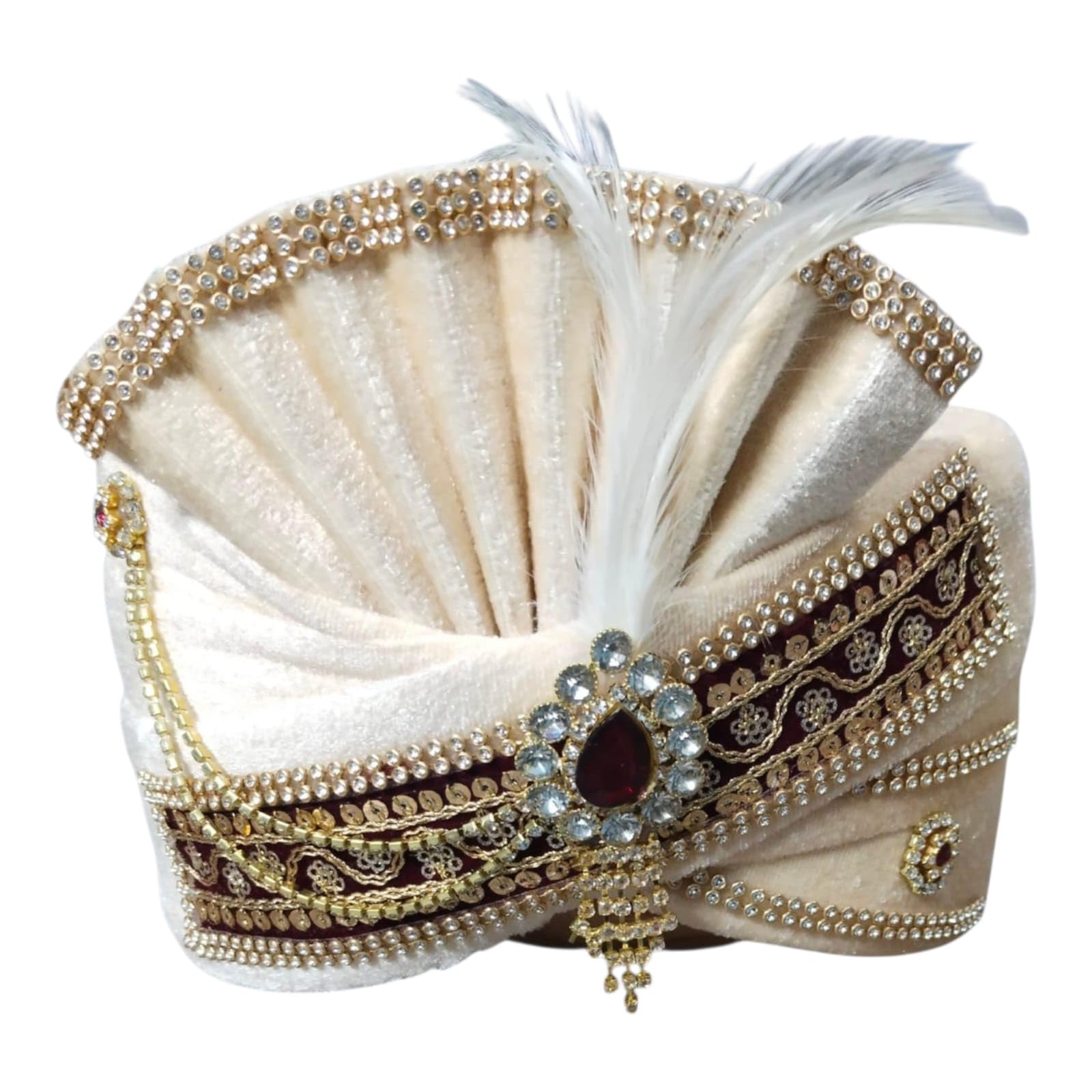 Royal Cream Maroon Wedding Groom Pagdi with Pearl, Stone Brooch & Feather | Designer Velvet Safa Turban for Marriage & Reception-image-46