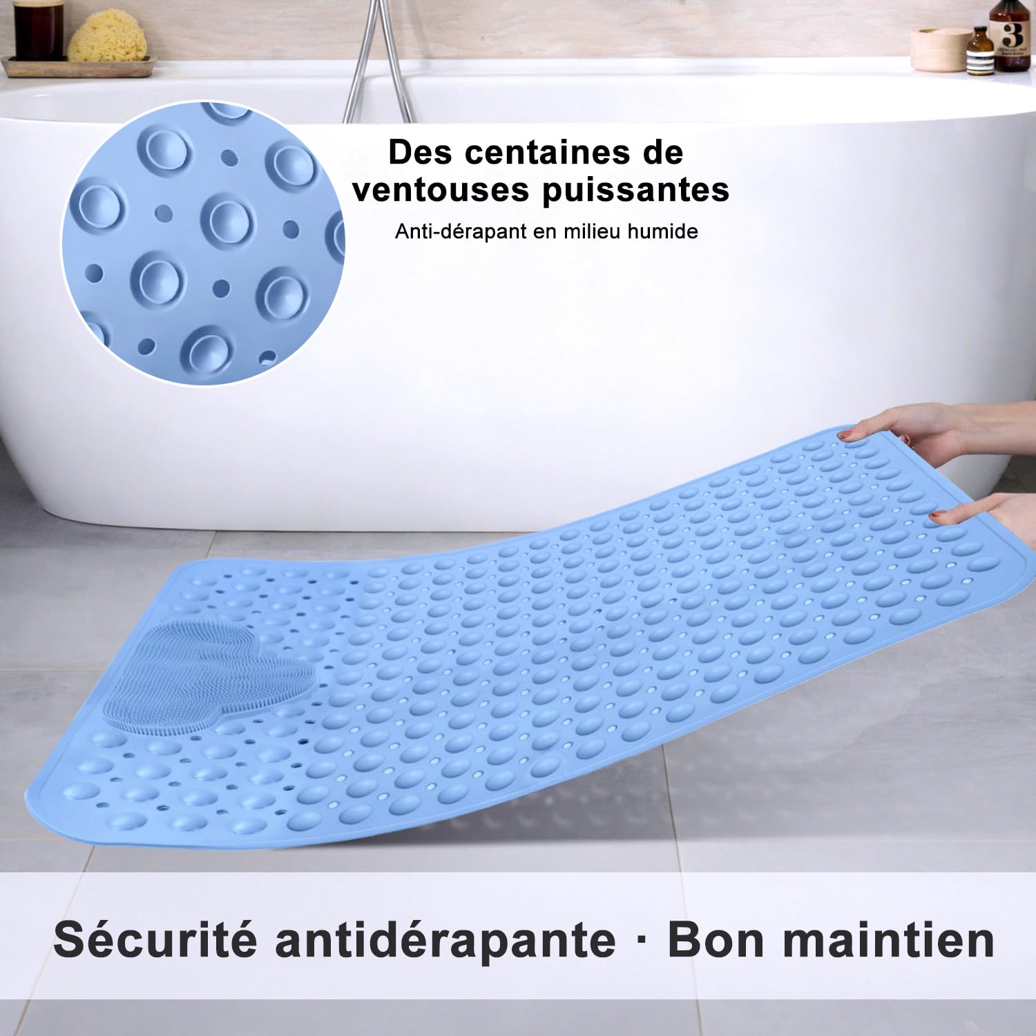 Tappetino da doccia antiscivolo 60 x 90 cm, grande tappetino da doccia in TPE, tappetino da bagno con ventose e fori di drenaggio, tappetino da bagno massaggiante per i piedi, morbido al tatto (blu)