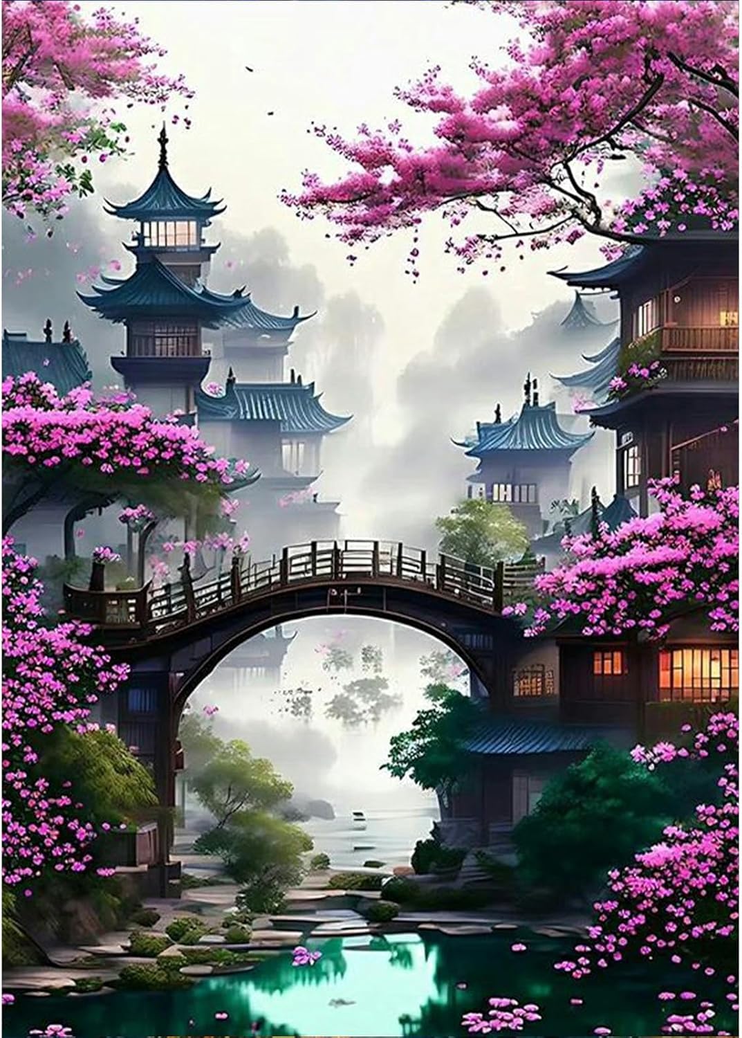 Sakura Diamond Art Kits, DIY Full Drill Floral Diamond Dot Gem Art Kits for Home Decor, Bridge Flower Diamond Art Painting Kits for Adults Beginners, 30x40cm