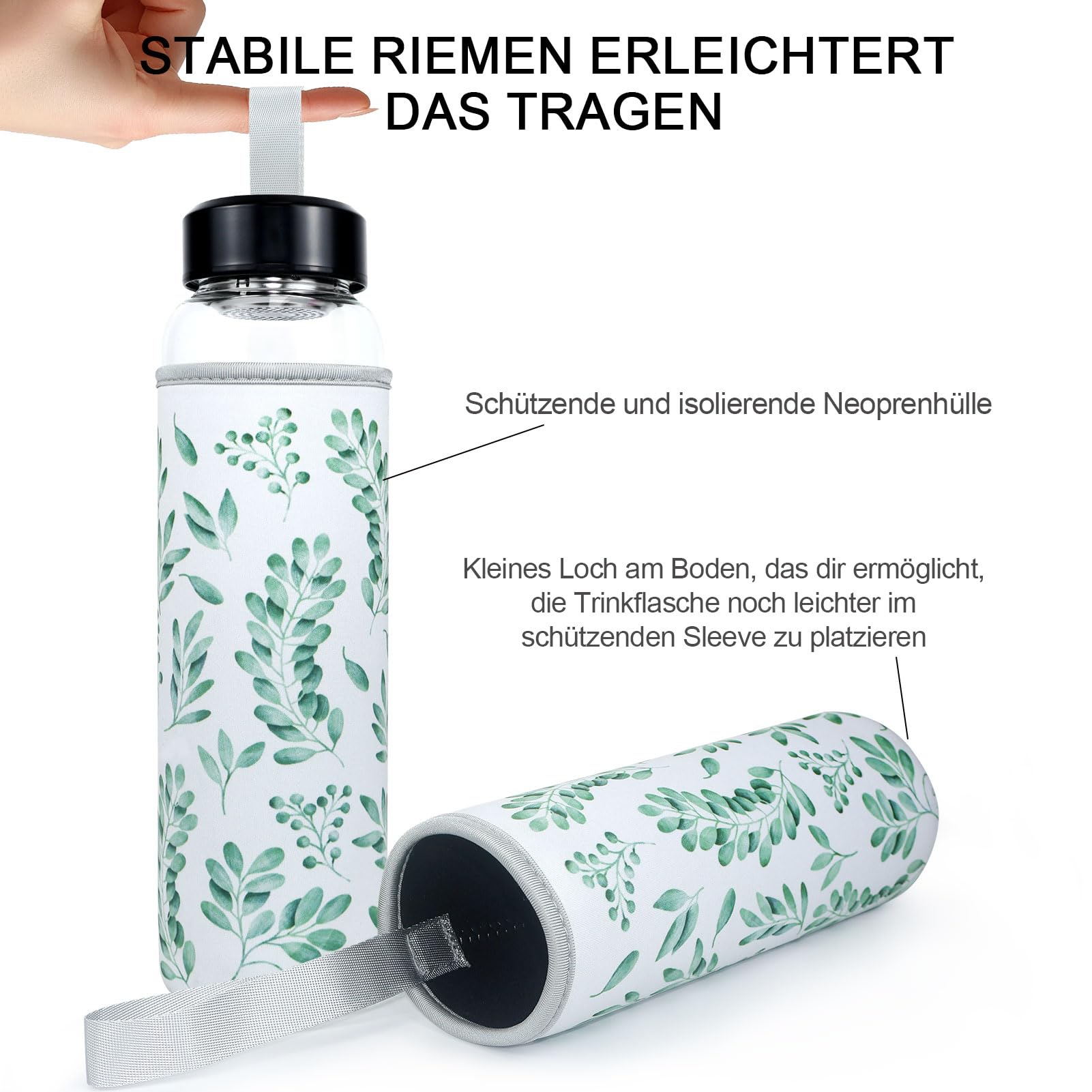 Gourde En Verre 1 Litre Avec Housse - Goulot Large 5,5 Cm, Filtre Inox - Résiste -20°C à 150°C, étanche - Idéale Sport, Bureau