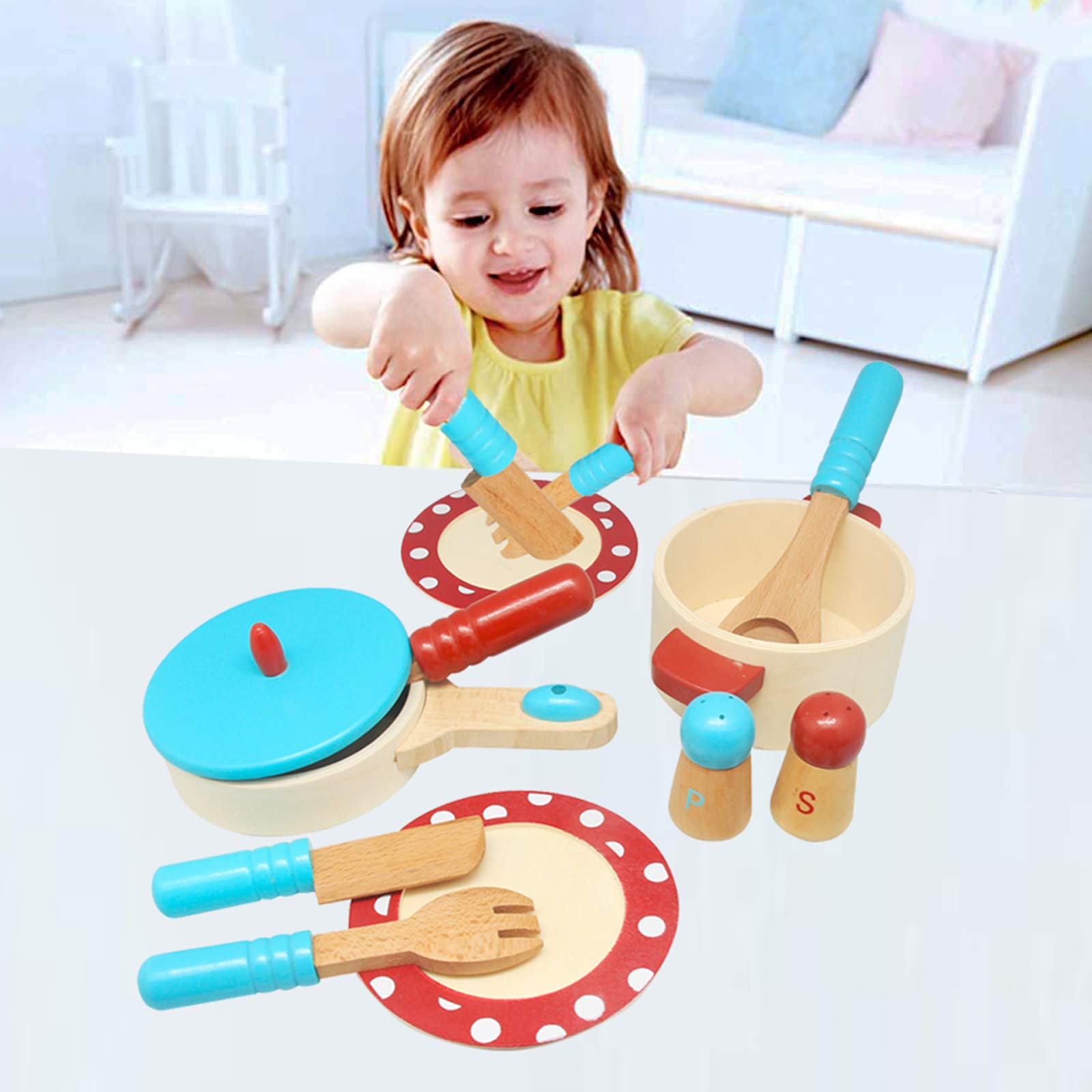 KIDS TOYLAND Wooden Cooking Set for Toddlers, 13 Pieces Wooden Pretend