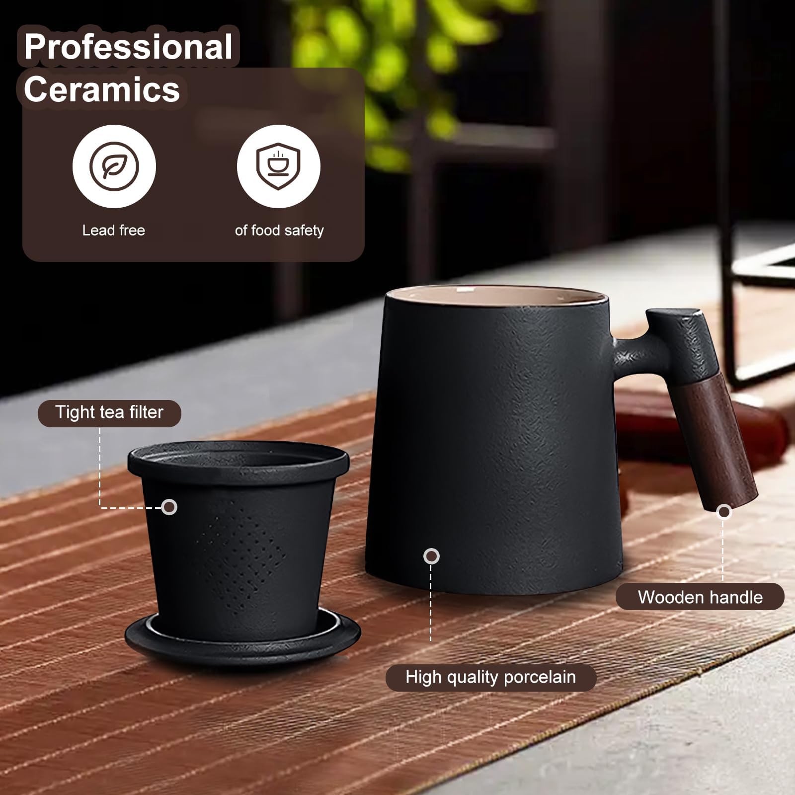 Tazza Manico Legno, Teiera In Ceramica Con Filtro E Coperchio, Per Tisana E Tè Sciolto, Uso Casa Ufficio (Nero)