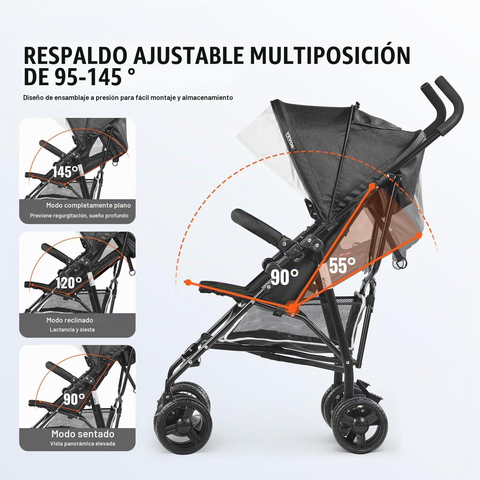 VEVOR Cochecito Ligero Plegable y Compacto, Respaldo Reclinable Multiposición, de Acero al Carbono, Cesta de Almacenamiento Grande, con Sombrilla para Viajes y Más, Negro/Blanco, 780 x 500 x 1040 mm