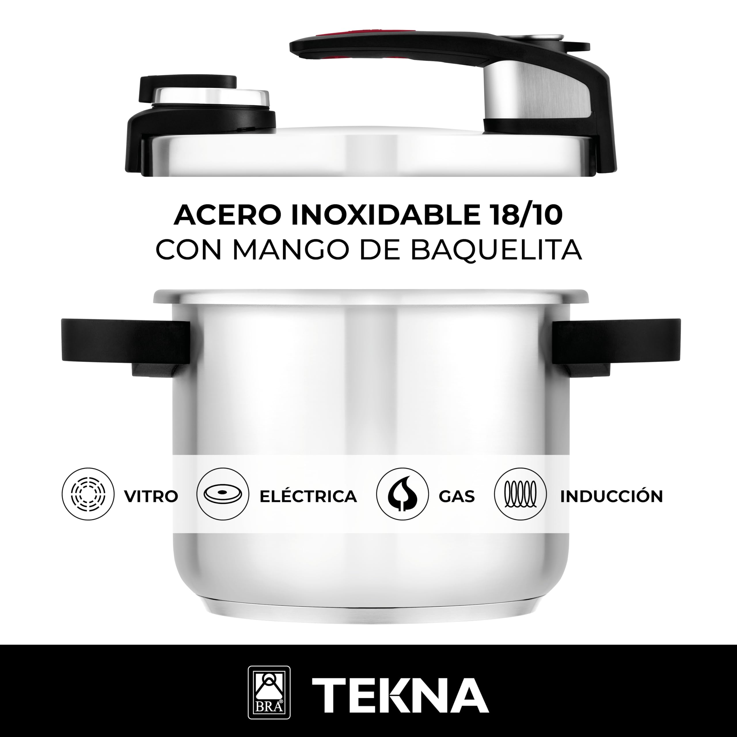 BRA Tekna | Olla a Presión Rápida de Fácil Apertura de 6 Litros, Fabricada en Acero Inoxidable 18/10, Con 2 Programas de Cocción y Sistema de Bloqueo de Apertura, Apta para Todo Tipo de Cocinas