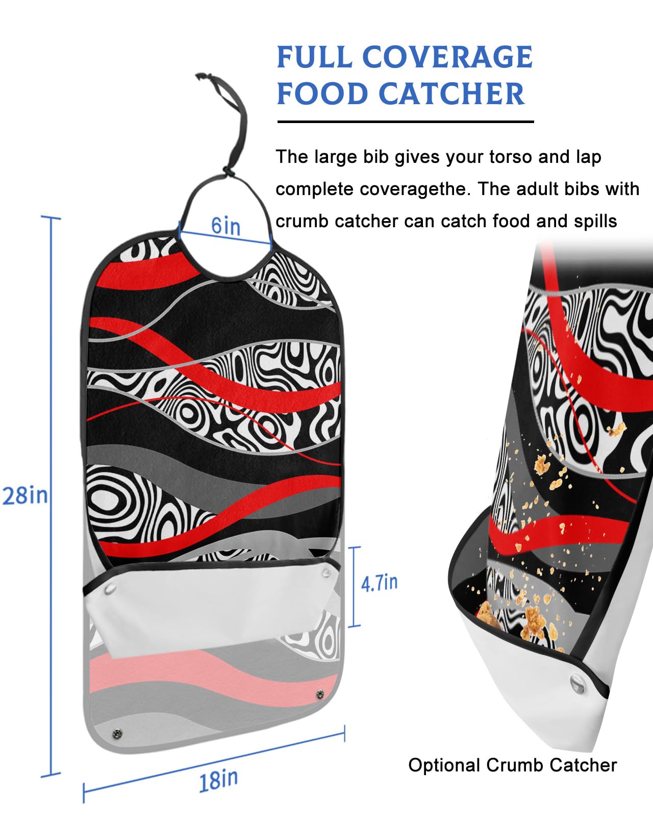 Modern Red Adult Bib for Eating with Crumb Catcher,Washable & Waterproof Terry Cloth Adjustable Elderly Women Men Adult Bibs Funny Clothing Protector Minimalist Geometric Abstract Zebra Black White