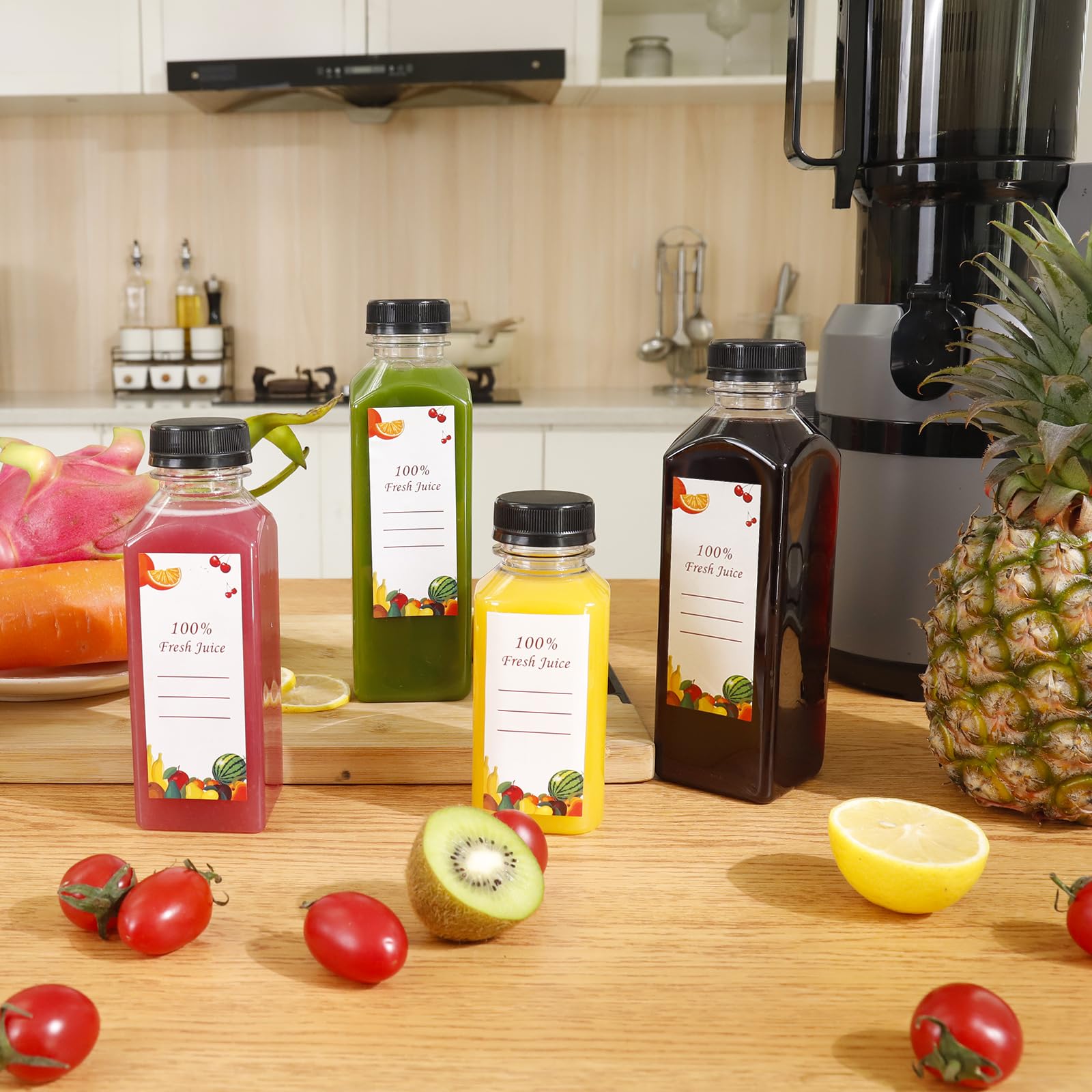 Botellas de plástico para jugo, 150 botellas de agua vacías de plástico de 12 onzas con tapas, reutilizables, transparentes, recipientes para bebidas, jugos, batidos, agua con 2 cepillos, 2 embudos