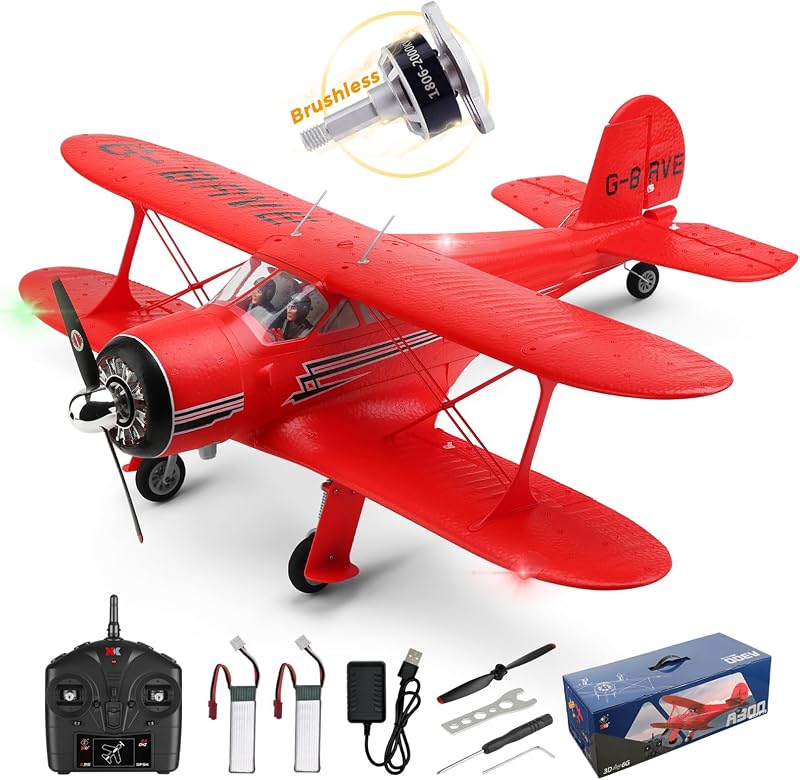 WLtoys A300 4CH RC Plane Brushless & 6-Axis Gyro for Adults Outdoor | Beechcraft D17S Staggerwing 6G/3D Intermediate RC Planes, 2.4G Remote Control Airplanes with 2 Batteries Doubles Airtime
