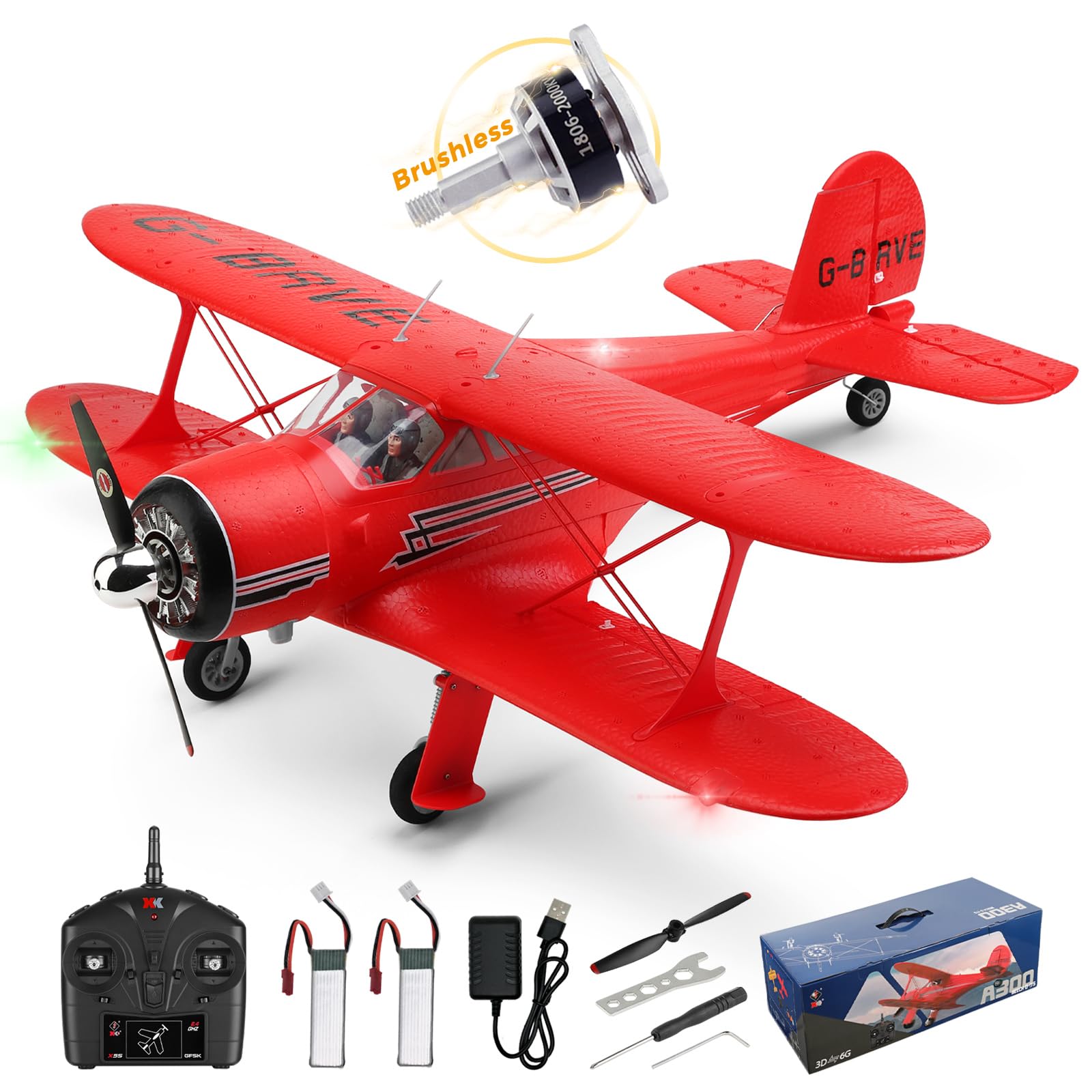 CKYSCHN WLtoys A300 4-Ch RC Plane, Beechcraft D-17 RC Airplanes with Lights, 6G/3D Brushless RC Planes with 2 Batteries, 2.4G Remote Control RC Airplanes Gifts for Adults