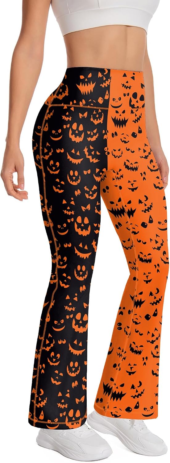 Women's Halloween Flare Leggings Two-Tone Jack-O-Lantern Print Yoga Pants