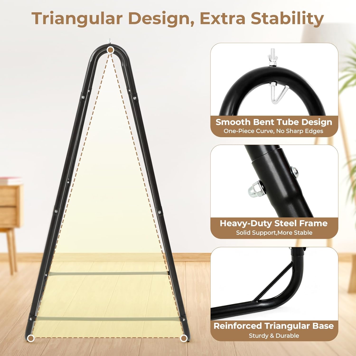 Hammock Chair with Stand, Heavy-Duty Steel Hammock Stand for Indoor & Outdoor Use, Solid Support & Stable Base, 220 lbs Capacity, U-Shaped Design, Easy Assembly, Hammock Chair Included - Black