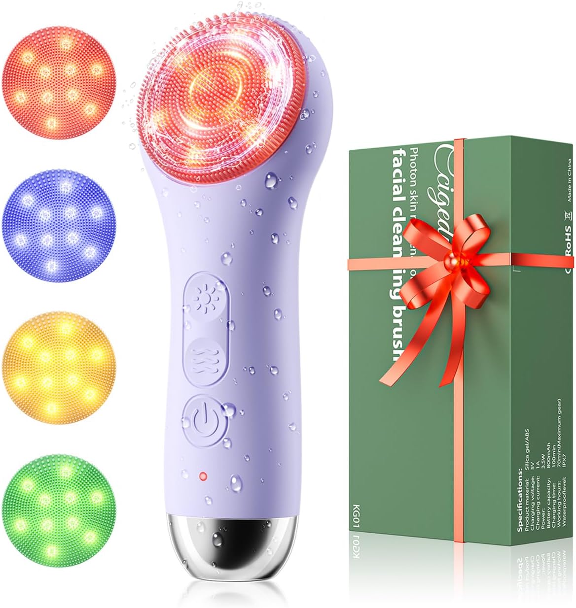 Facial Cleansing Brush Face Scrubber – Rechargeable Electric Face Cleansing Brush with 4 LED Gentle Light Liquid Silicone Modes Exfoliator,IPX7 Waterproof Ideal Gift for Men and Women-Purple
