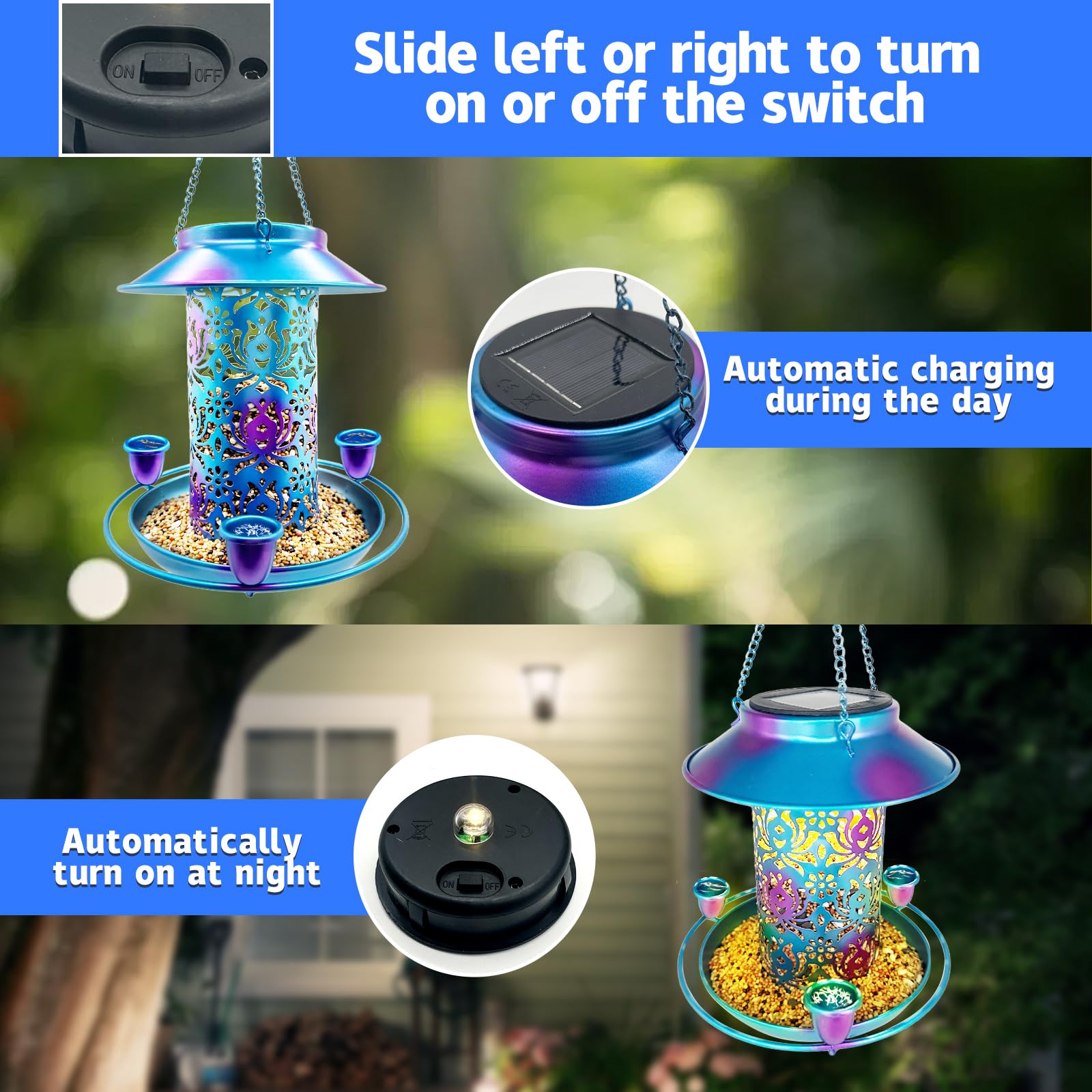 Comedero solar para pájaros para exteriores, 3 tazas de néctar para colibríes, de metal, resistente a la intemperie, linterna de jardín 2 en 1, luz automática por la noche, perfecto para