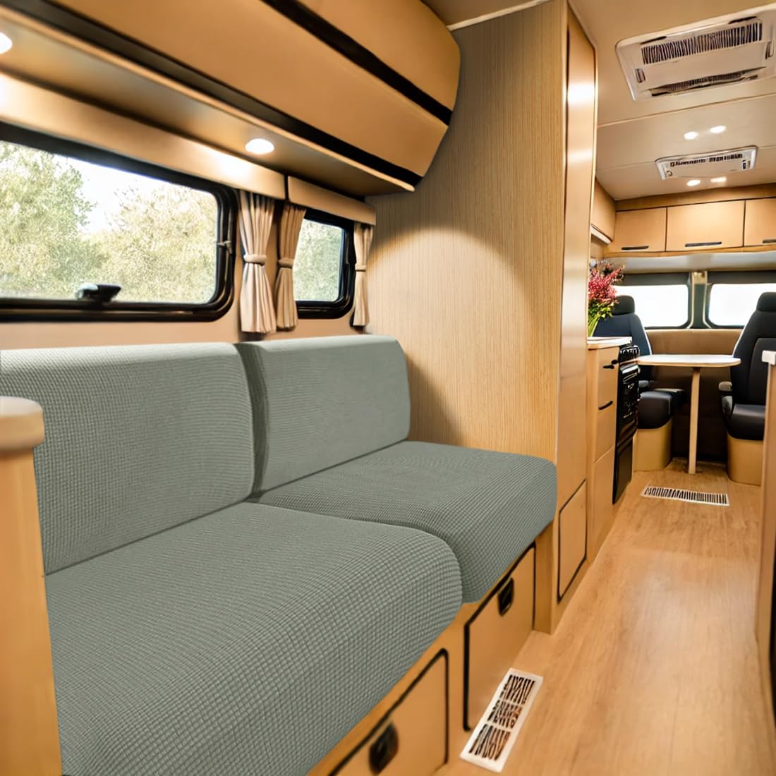 SYLC Caravan Seat Cover Stretch Jacquard, Non-slip RV Dinette Cushion Covers with 2 Straps, Couch Cushion Covers for Camper Sofa Bench (Mint green,W 130-160 cm, D 60-90 cm)
