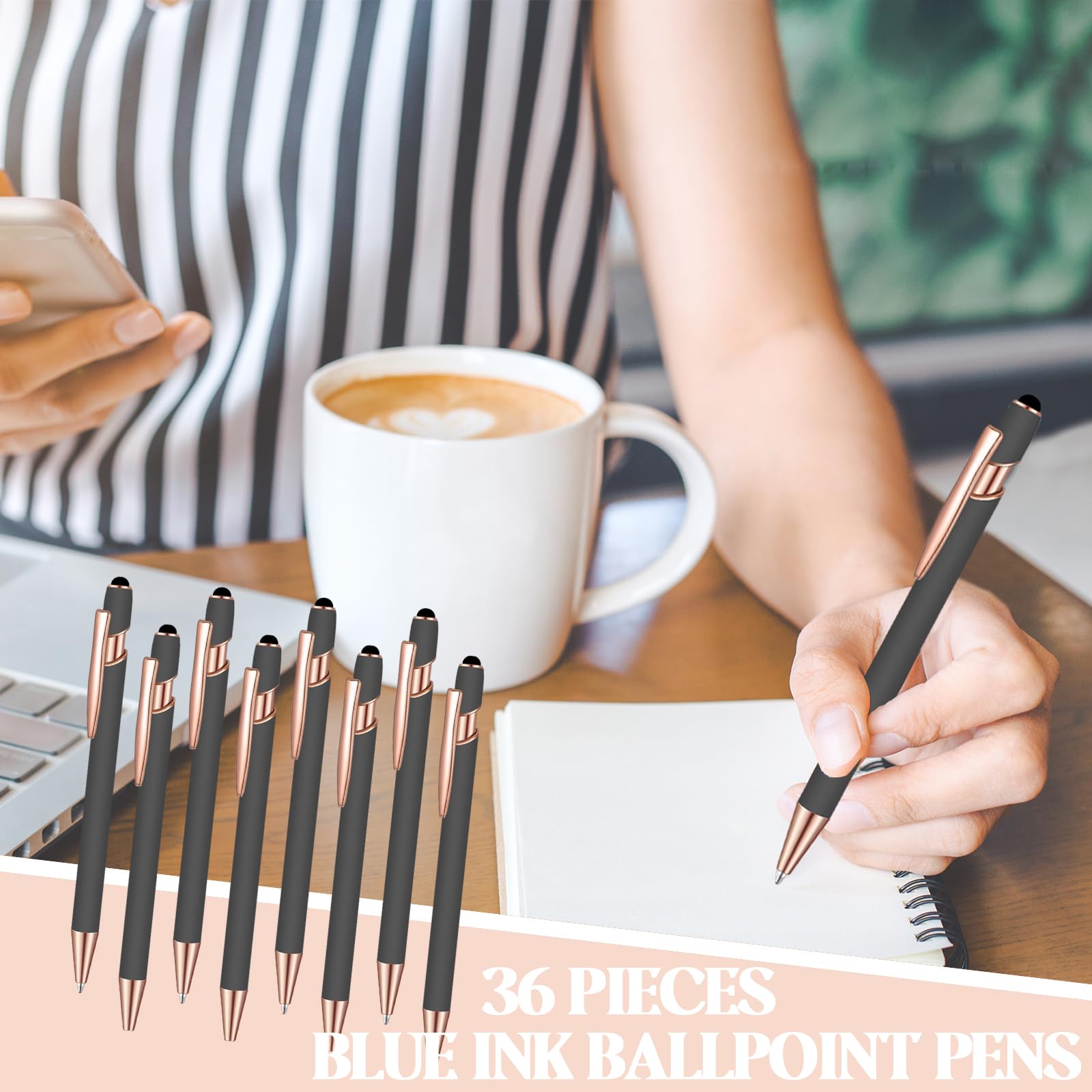 36 penne a sfera con inchiostro blu, con stilo, penna a sfera 2 in 1, per touch screen, scuola, ufficio, colleghi (grigio oro rosa)