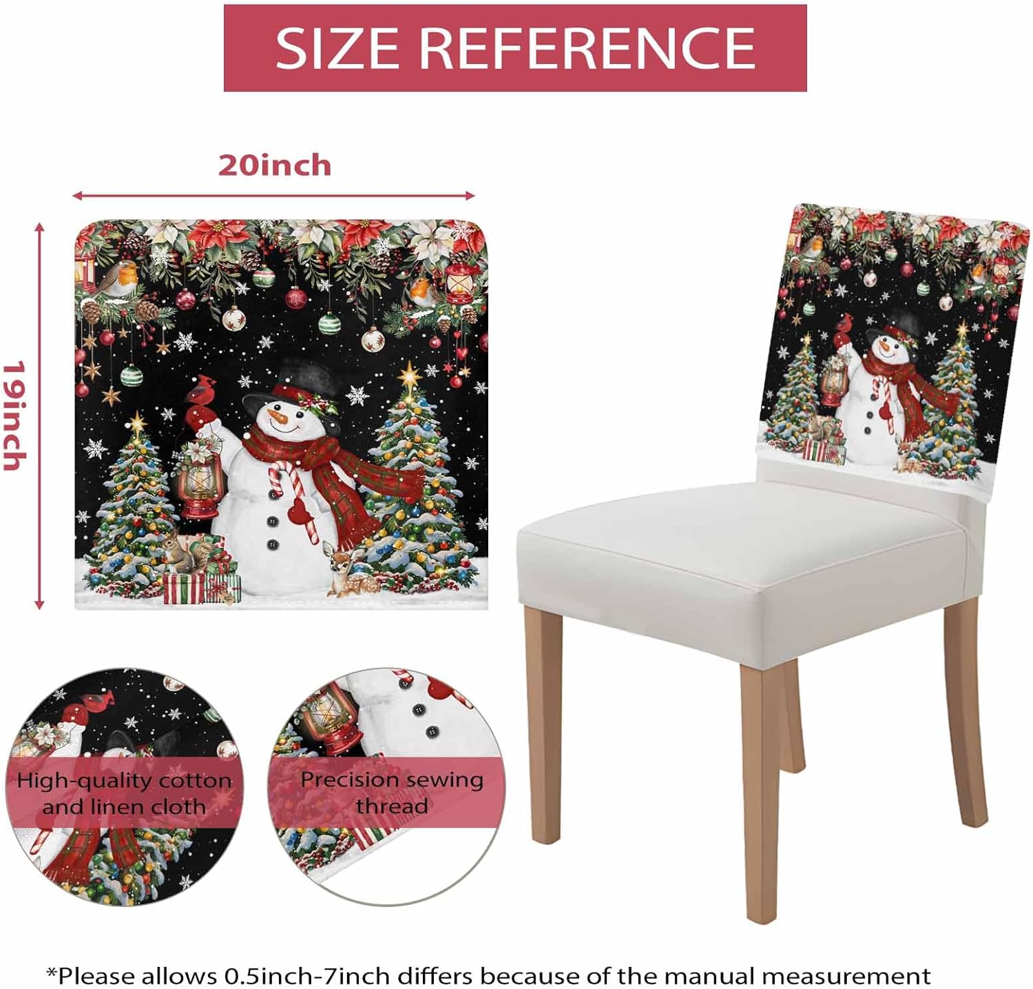 Black Christmas Snowman 4 Packs Dining Chair Back Cover, Xmas Tree Poinsettia Balls Decorative Kitchen Dinner Chair Seat Covers Chair Slip Covers, Slipcovers Protect for Dinning Room