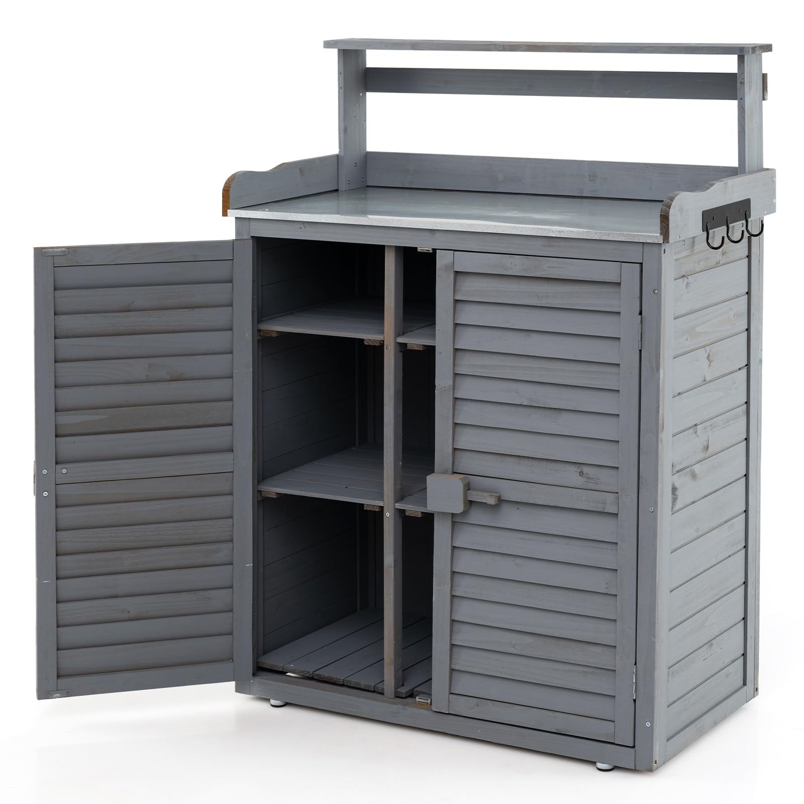 COSTWAY Pflanztisch Outdoor wetterfest, Gärtnertisch Holz, Blumentisch mit Unterschrank & verzinkter Arbeitsplatte & abnehmbaren Regalen, Gärtnertisch für Garten Terrasse Hof, 87x45x120cm, Grau