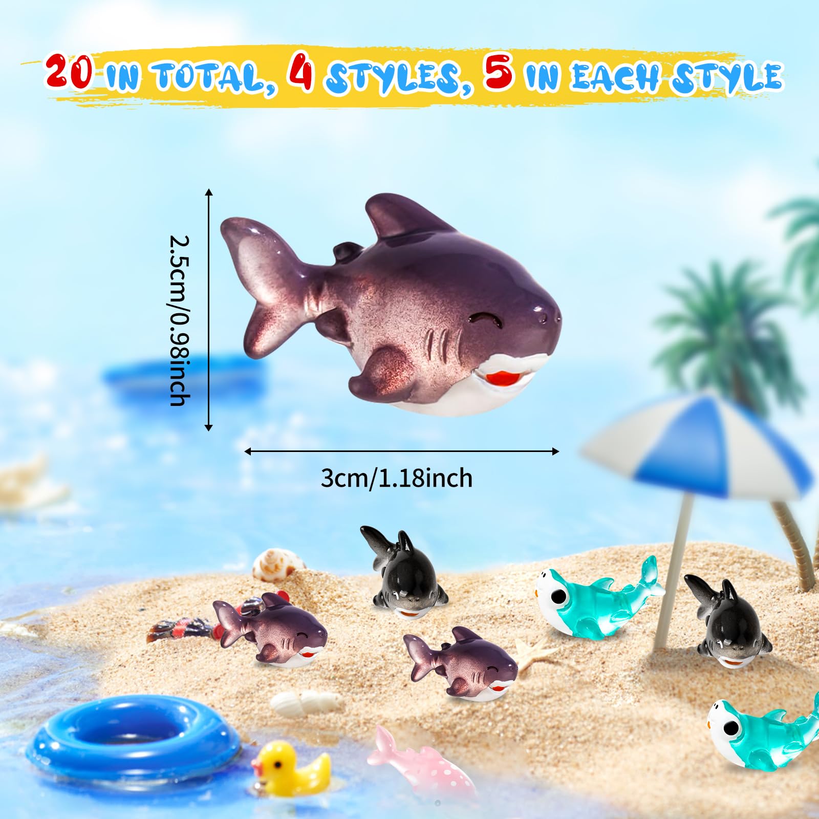 20 PCS Miniature Ocean Theme Mini Resin Ocean Animals Ocean Mini Shark Figurines Resin Axolotl for DIY Fish Tank Accessories, Micro Landscape Aquarium