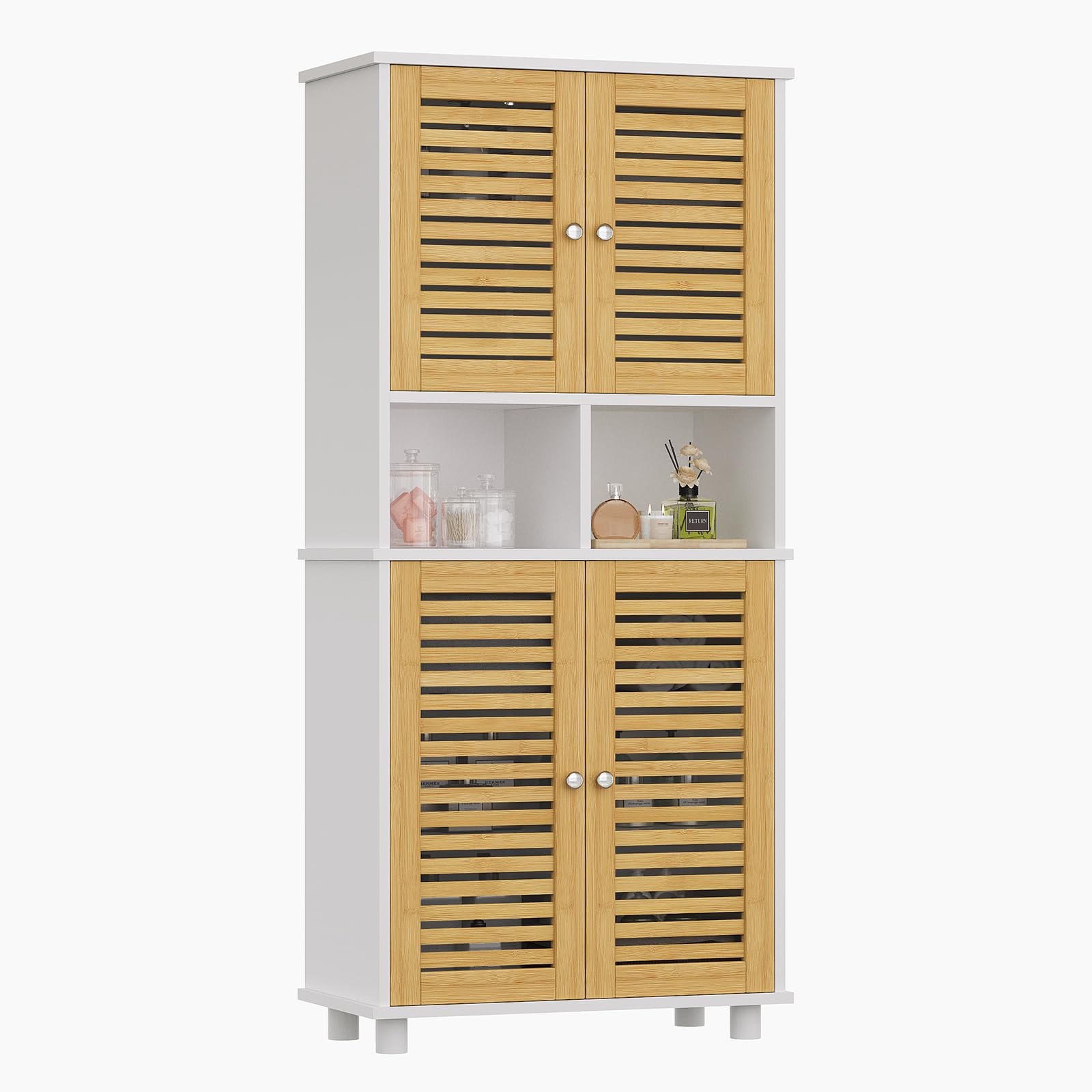 Meuble de Rangement, Meuble Colonne pour Salle de Bain avec 4 Portes en Bambou, 2 Étagères Réglables et Ouvertes, Armoire de Salle de Bain pour Salon et Cuisine, 60 x 30 x 128 cm, Blanc