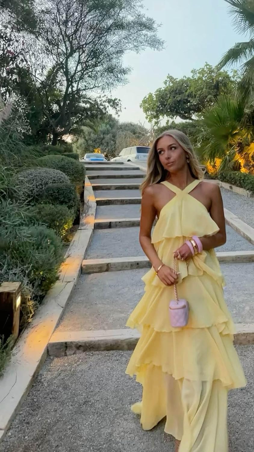 Halter Bridesmaid Dresses for Women Chiffon Tiered Ruffle Long Formal Wedding Guest Dress