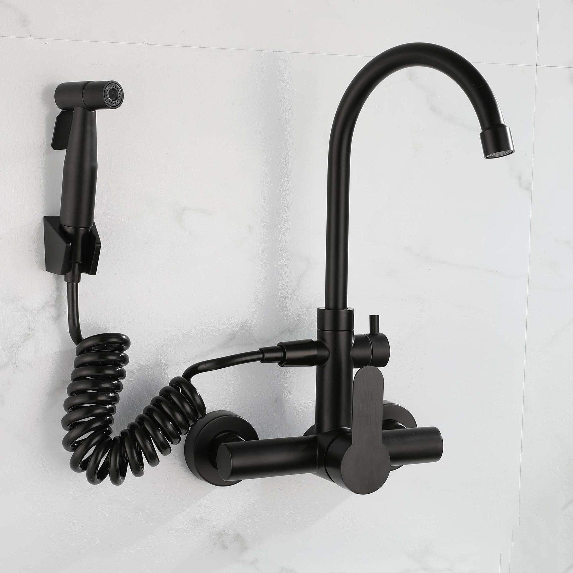 HomeLava Grifo Cocina Pared con Pistola, Grifo de Cocina Negro, Mezclador Cocina de Acero Inoxidable 304 con Caño Alto Giratorio de 360°, Grifo de Agua Fría y Caliente