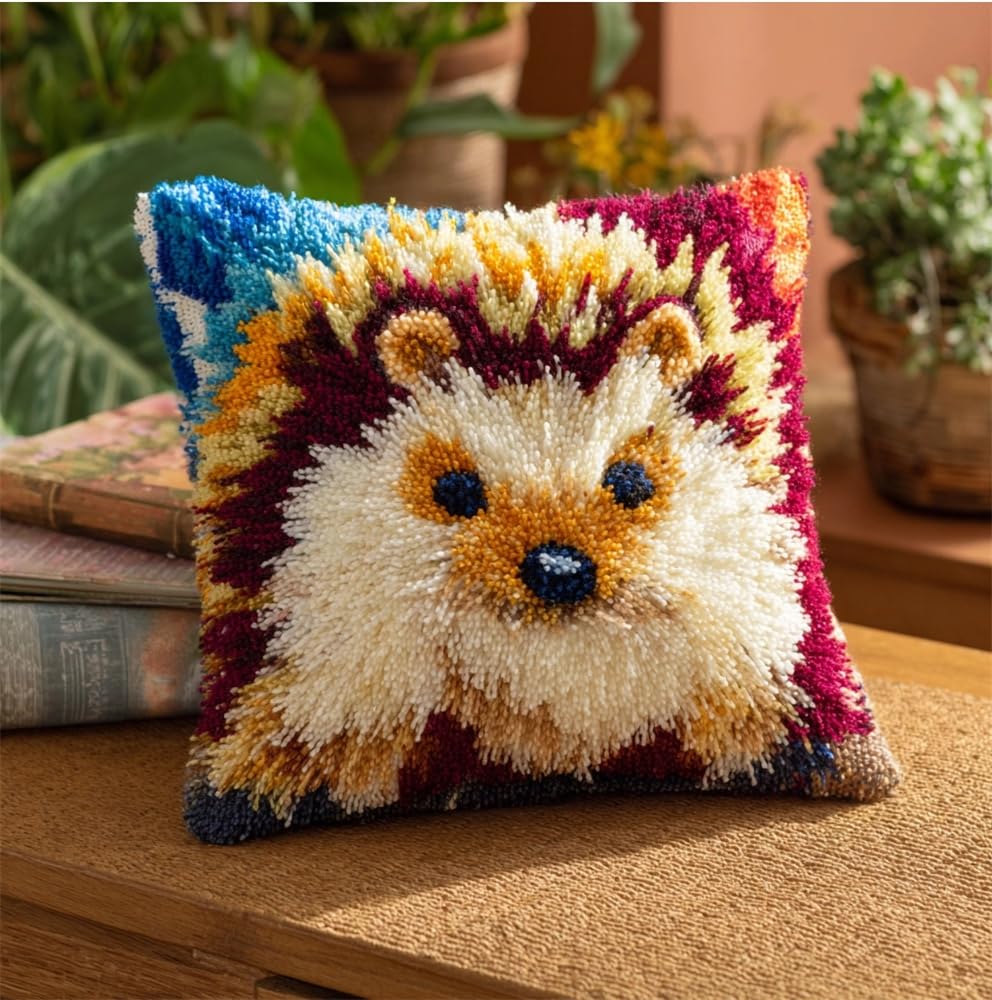 kitphoenix DIY Latch Hook Kits, Watercolor Hedgehog Animal 3D Pillow Materials Package Latch Hook Embroidery Kits Cross Stitch Sofa Cushion Cover with Tool Fit for and Adults 17X17Inch