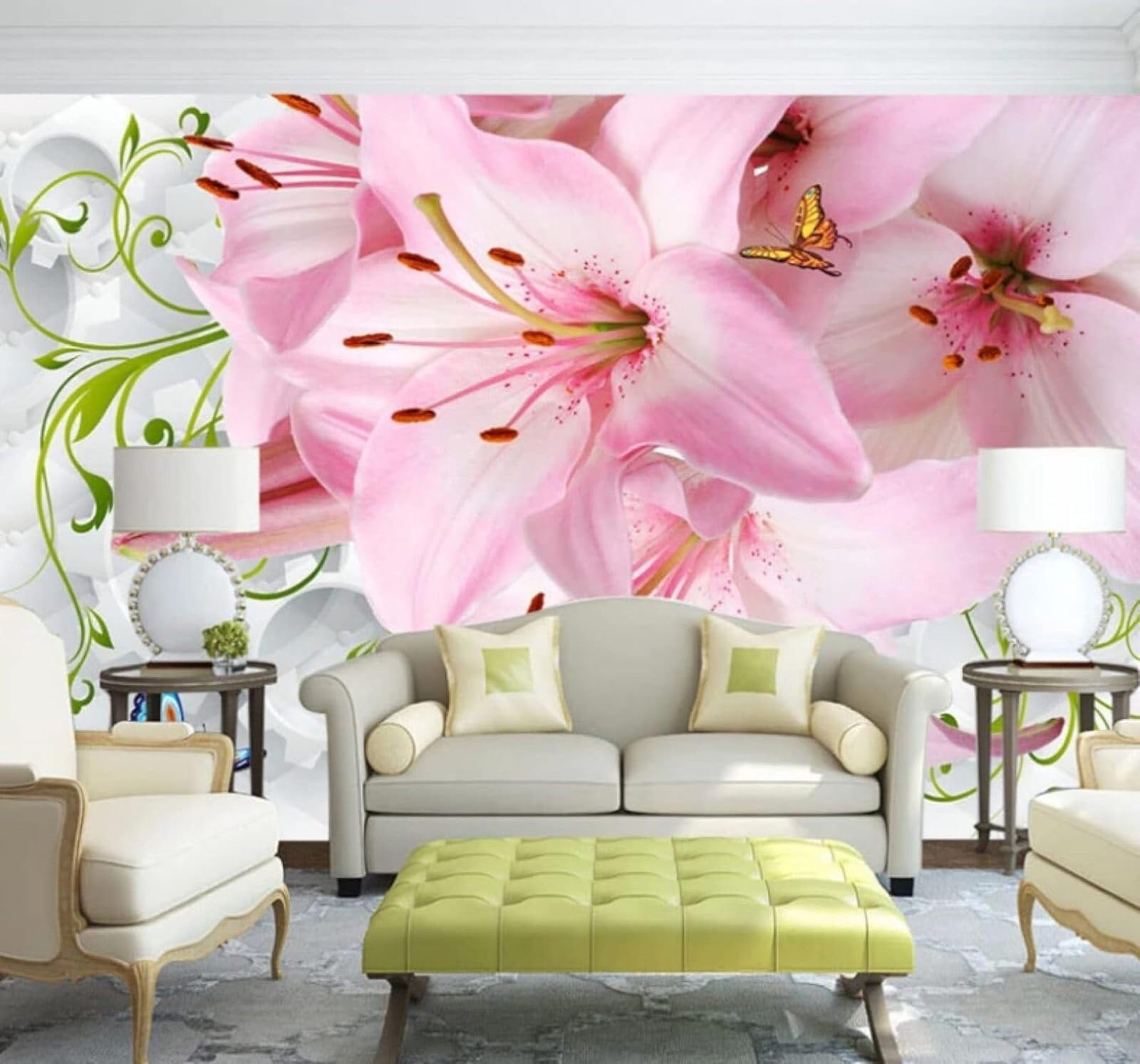 XLMING Fresh Three Dimensional Beautiful Lilies Butterflies 3D Wallpaper Luxury Home Dining Decor Paste Sofa Living Room The Wall for Bedroom Mural-350cm×256cm