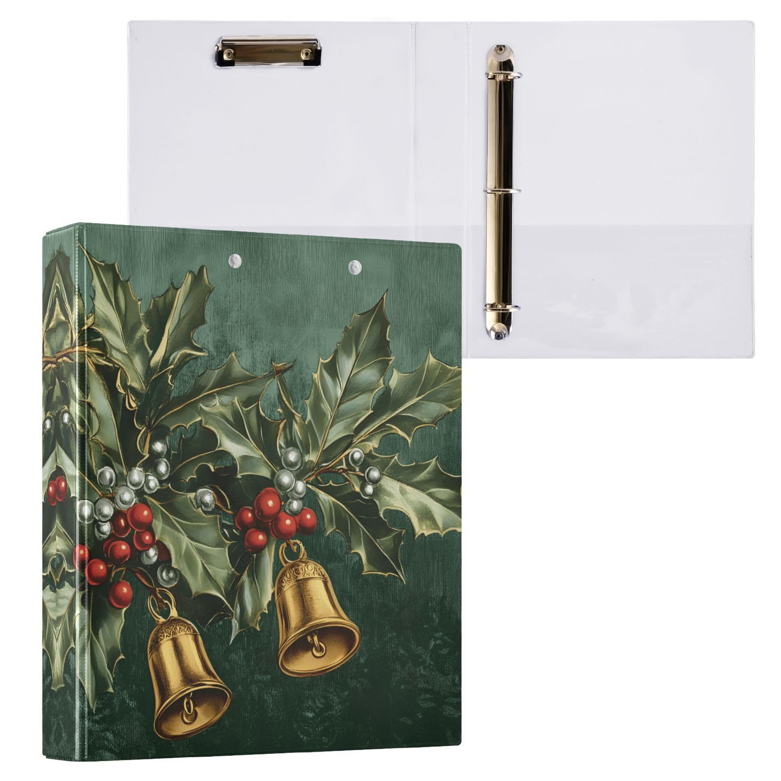 Confezione da 2 raccoglitori a 3 anelli, stile vintage, con campane di Natale e foglie, 3,8 cm, con 3 tasche trasparenti, portablocco e contiene 200 fogli, per ufficio, scuola