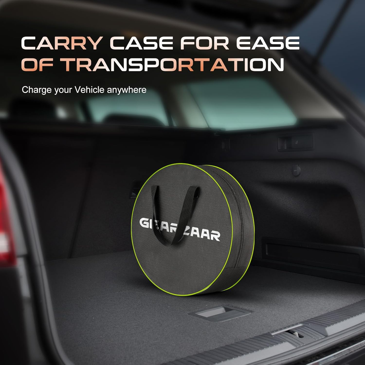 The GEARZAAR EV charger's carrying bag placed in a car trunk, demonstrating ease of transport and storage.