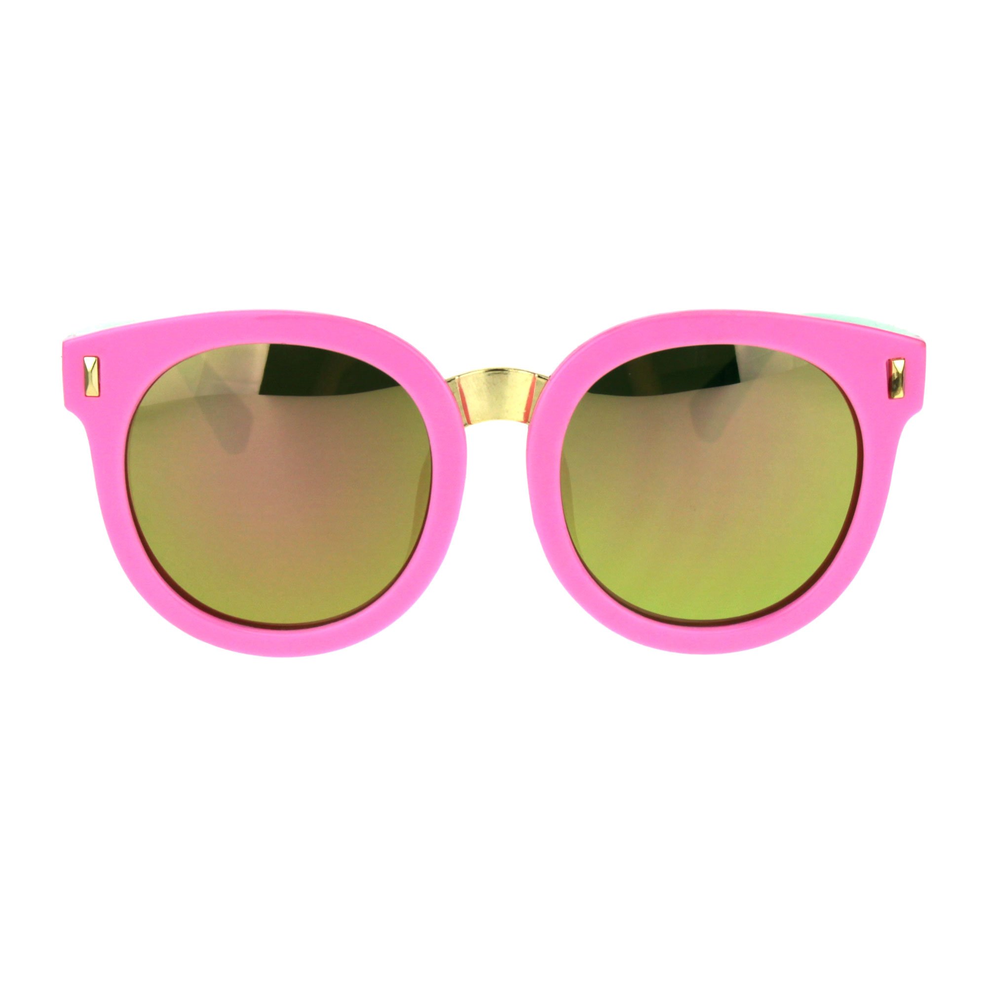 SA106 Kids Childern Size Color Mirror Plastic Retro Round Horned Rim Sunglasses Pink Peach