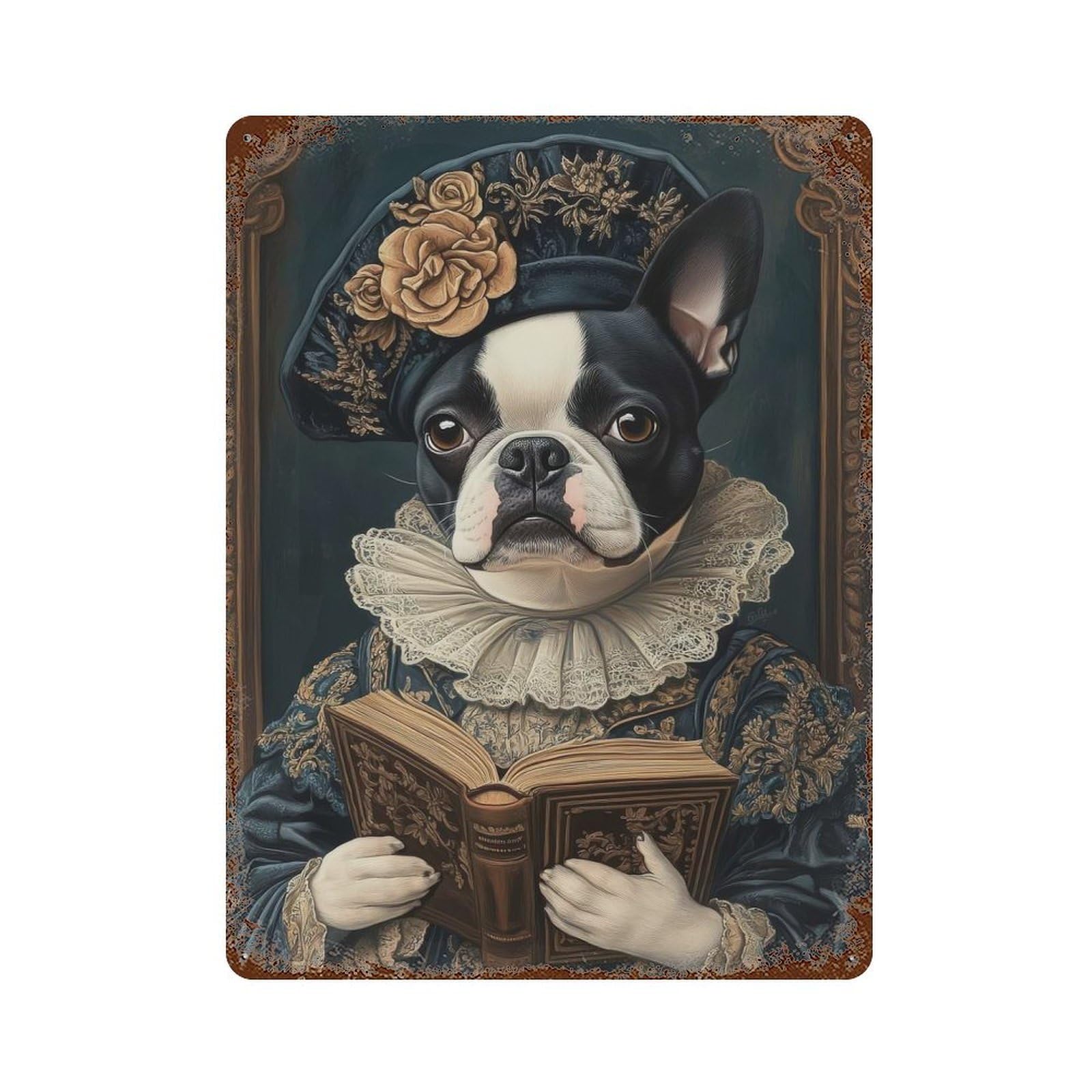 Boston Terrier Renaissance Scholar Classic Canine Art Vintage Rust Metal Sign 15.7"x11.8", Shabby Chic Decor for Garage, Pub Or Kitchen