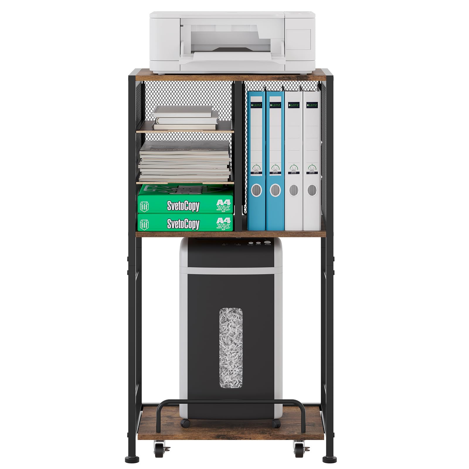 EasyPAG Support d'imprimante 4 compartiments A4 en métal et bois - Avec chariot coulissant mobile - Étagère d'imprimante pour fax, photocopieur, scanner, marron
