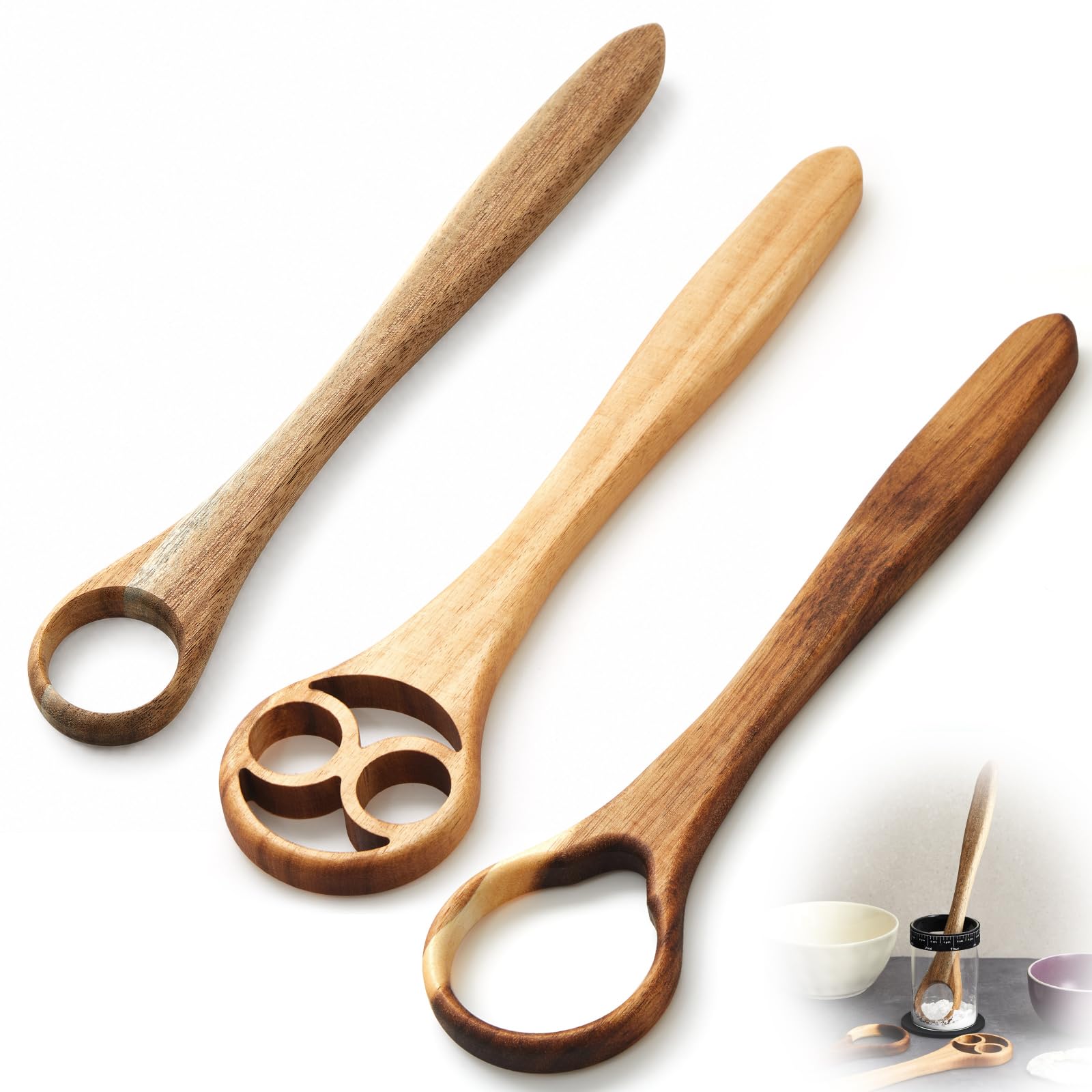 SiliFine Dänischer Teigbesen, Akazienholz, dänischer Mixer, Sauerteig-Holzmixer, traditioneller holländischer Schneebesen für Gebäck, Ei, Pizza, Kuchenteig, 3 Stück