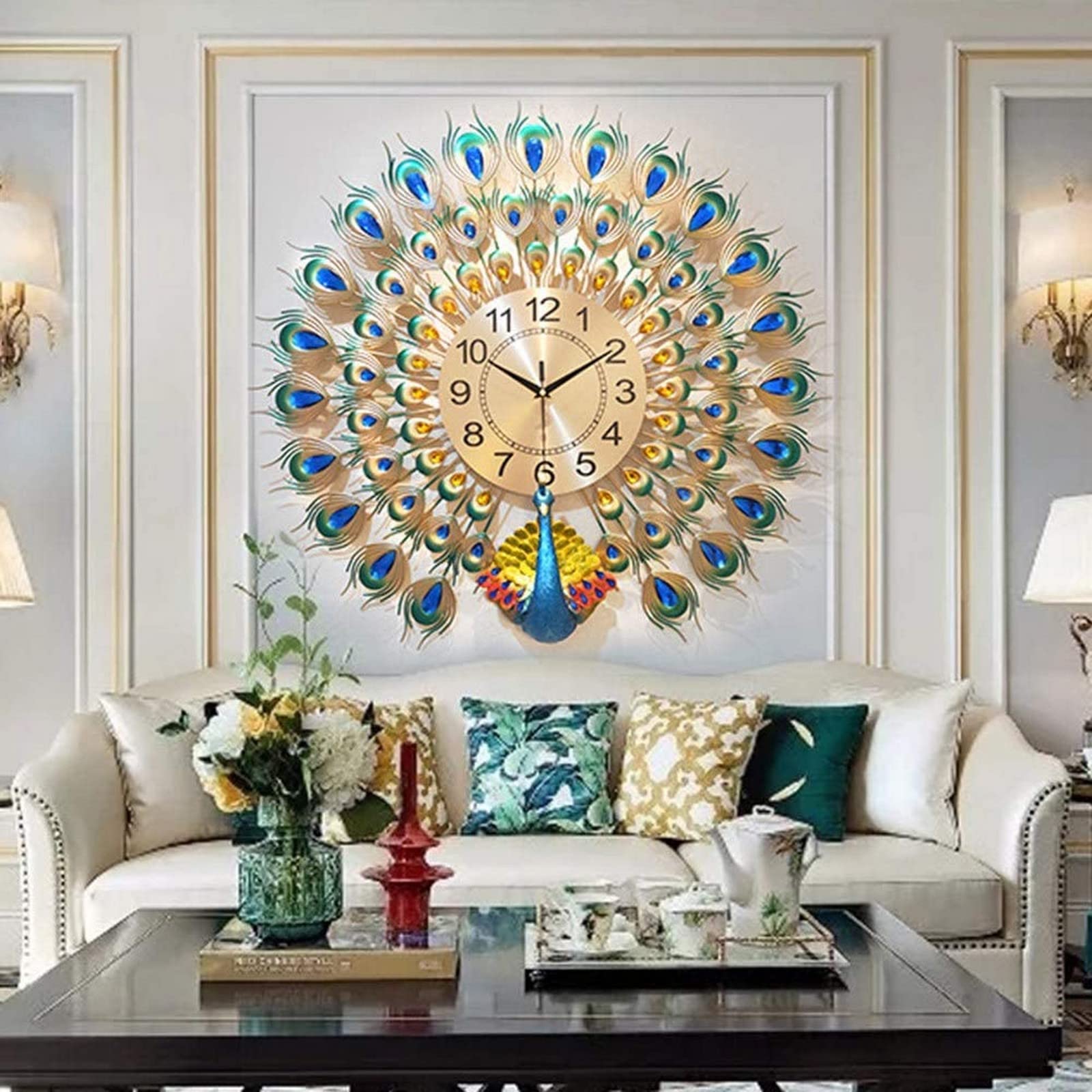 SaryEdge Wall Clock Art Large Clock 60X60Cm Peacock Clock Wall Clock Living Room Creative European Mute Clock Modern Minimalist Atmosphere Wall Clock Quartz Clock Decor Wall Clock,