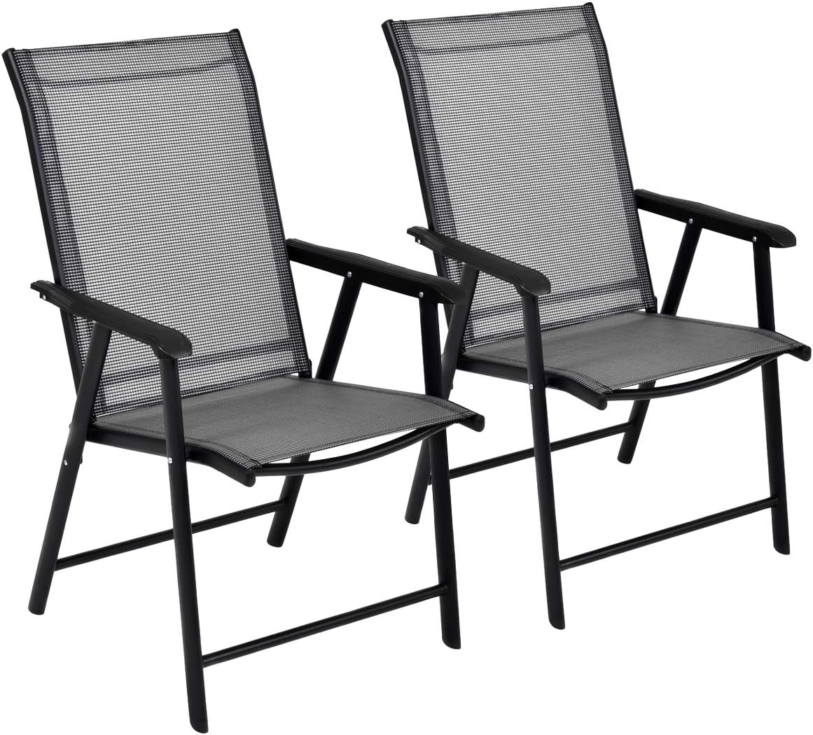 Giantex Set of 2 Patio Folding Chairs, Outdoor Chairs with Armrest, Portable Dining Chairs for Porch Camping Pool Beach Deck Lawn Garden, 2-Pack Patio Sling Chairs, Metal Frame, Grey
