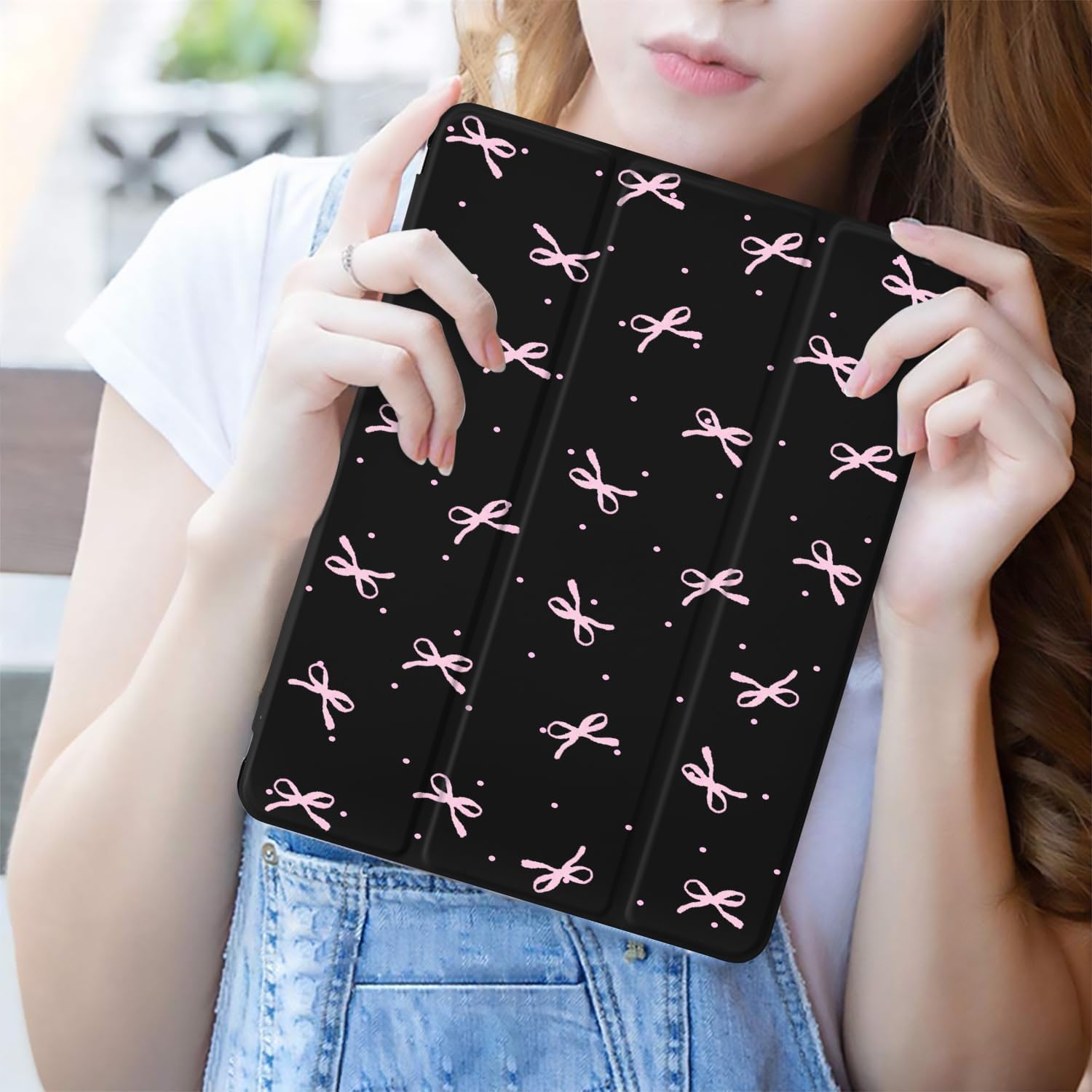 JOYLAND Pink Bow Compatible with iPad 6th/5th Generation (2018 2017 Model 9.7 Inch),iPad Air 2/Air 1 (9.7 Inch) with Pencil Holder-Trifold Stand Protective Cover with Soft TPU Back,Black