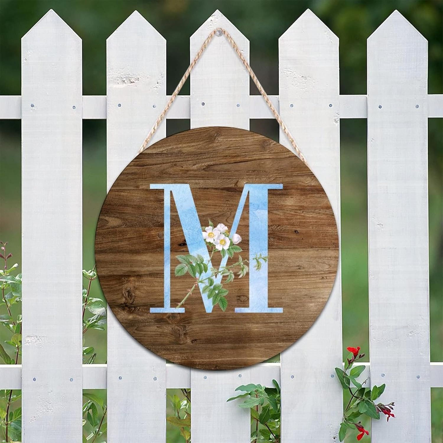 Welcome Sign for Front Porch Monogram Initial C Round Wood Sign Alphabet White Floral Hanging Wall Sign Flowers Bouquet 16in Vintage Pictures Hanging Sign for Home Kitchen Porch Wall
