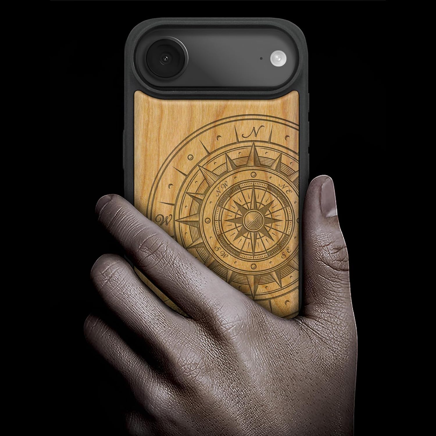 Carveit Magnetic Wooden Case for iPhone Air Case, Wood Artisan Engraved & Soft TPU Shockproof Cover, Compatible with MagSafe 17 Air Wireless Chargers (The Compass and The Wave) Cherry