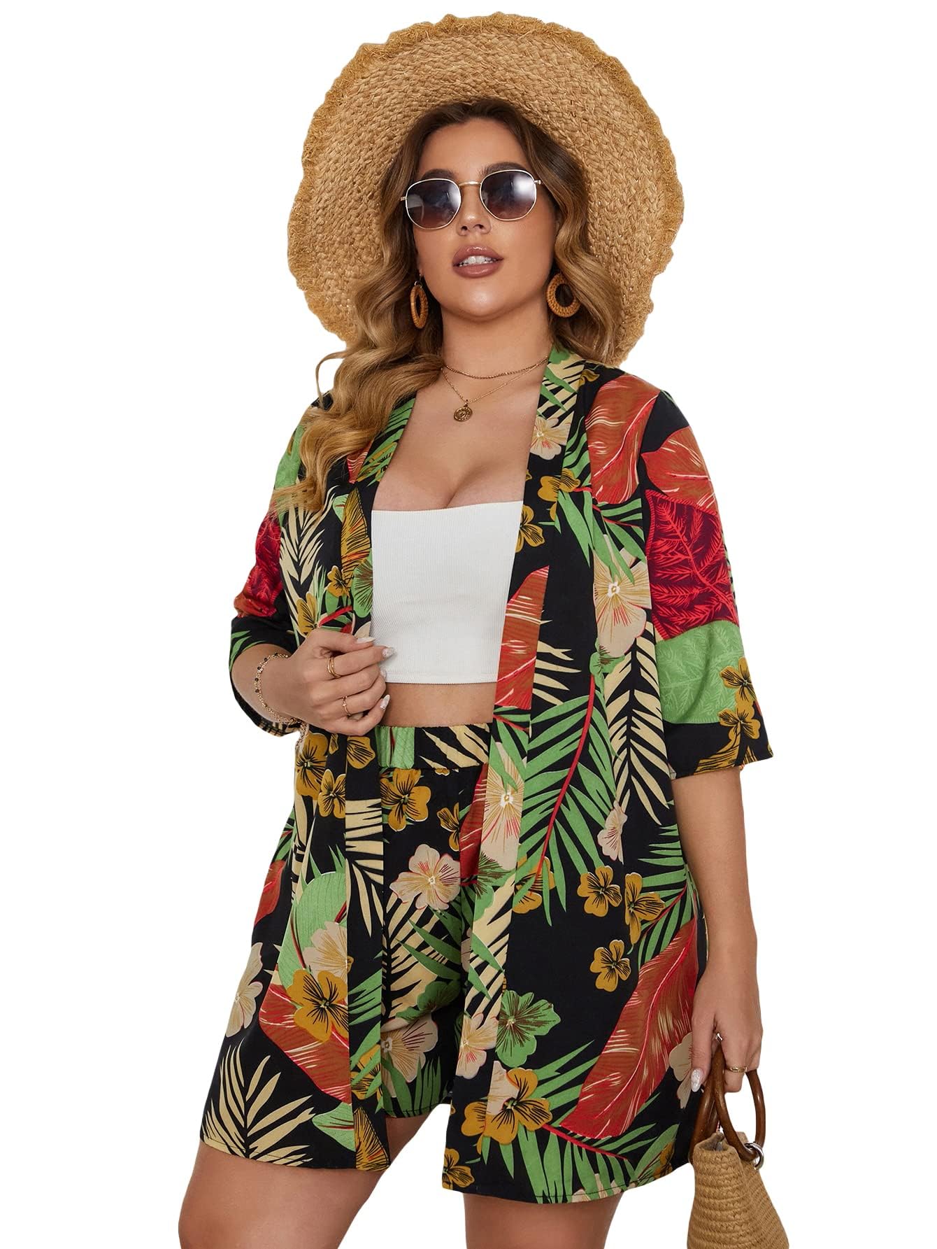 women's plus size 2 piece outfit tropical print kimono top and shorts set
