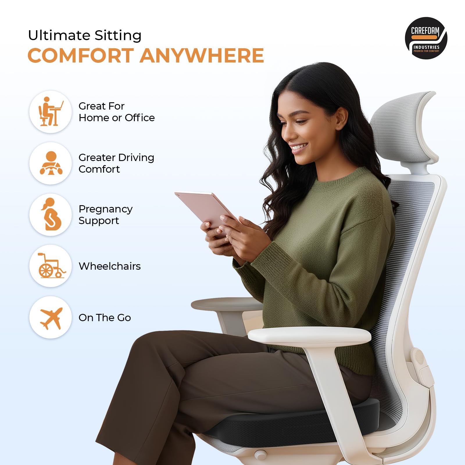 CareFoam Folding Coccyx Seat Cushion – India’s First Foldable Orthopedic Memory Foam Seat for Tailbone Pain Relief, Posture Support & Travel Use – Portable Ergonomic Design for Office Chair - Image 5 thumbnail