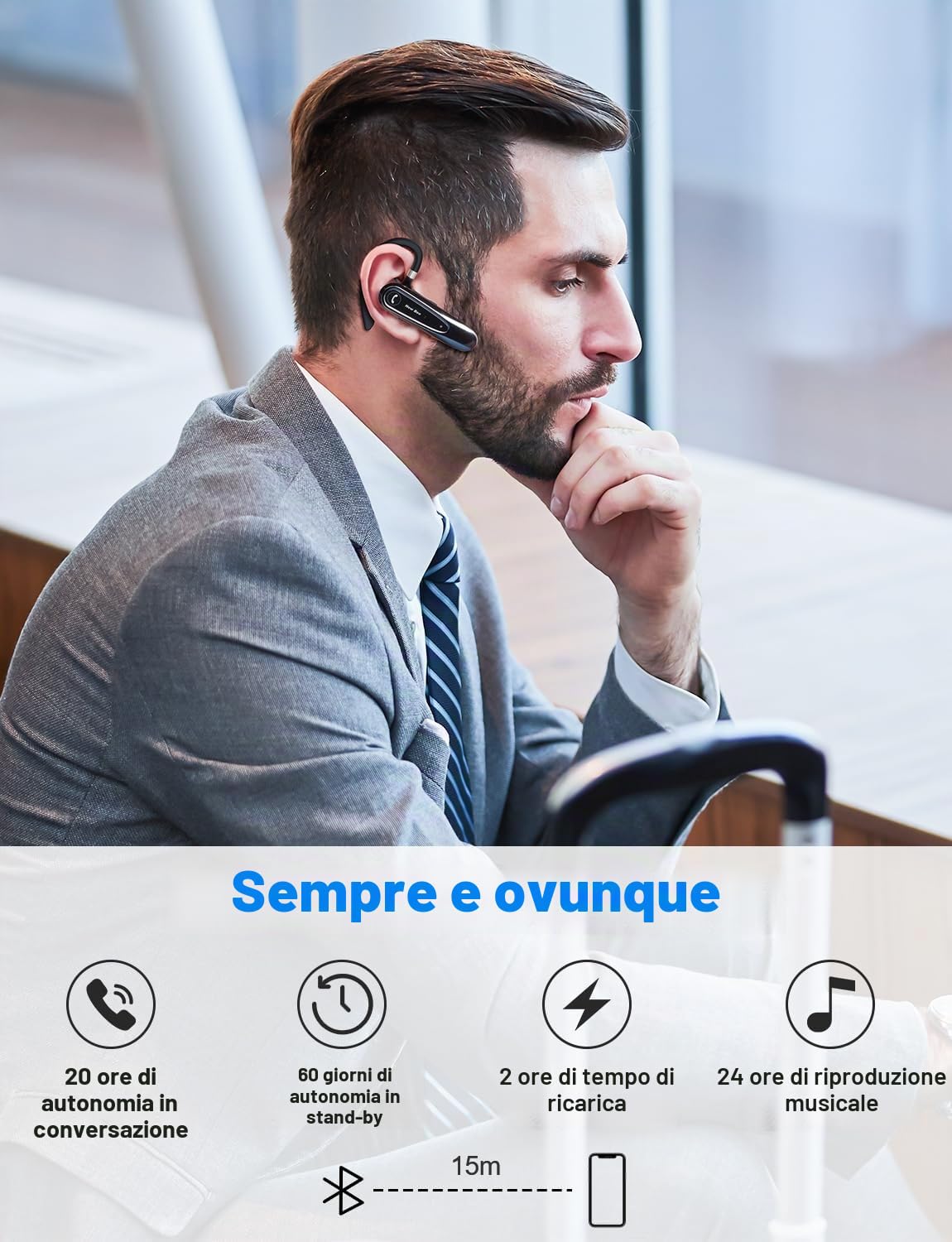 New Bee Auricolare Bluetooth Singolo con Doppio Microfono V5.0 Auricolari Bluetooth con 20 Ore Di conversazione, Microfono Muto, Connessione a due Dispositivi per iPhone, Android e Laptop