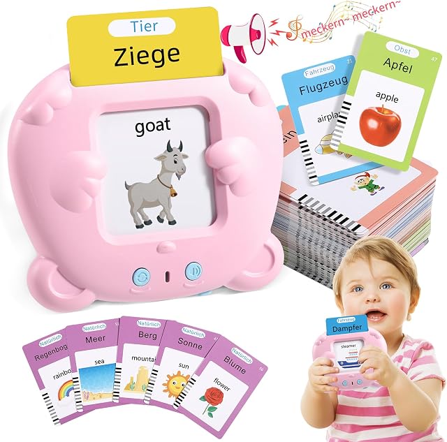 MINIBEAR German Talking Flash Cards Educational Toys Lerning Toys Sensory Toys Sound Toys With 224 Words Flash Cards for 2 3 4 Year Old Boys Birthday Gifts Foreign Language Learning Tools Pink