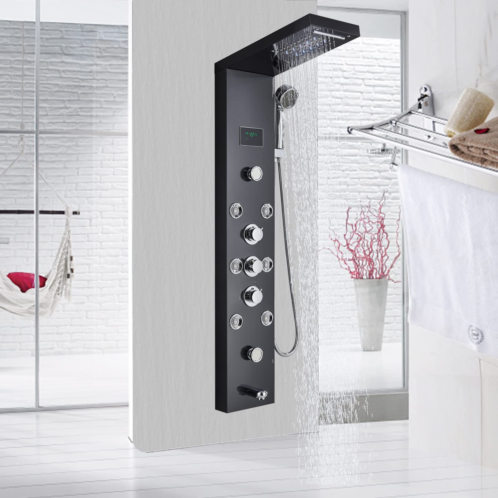 TTICCTIY Black LED Shower Panel Tower System with Rainfall Waterfall Massage Jets Handheld Shower & Digital Temperature Display Stainless Steel Bath Shower System
