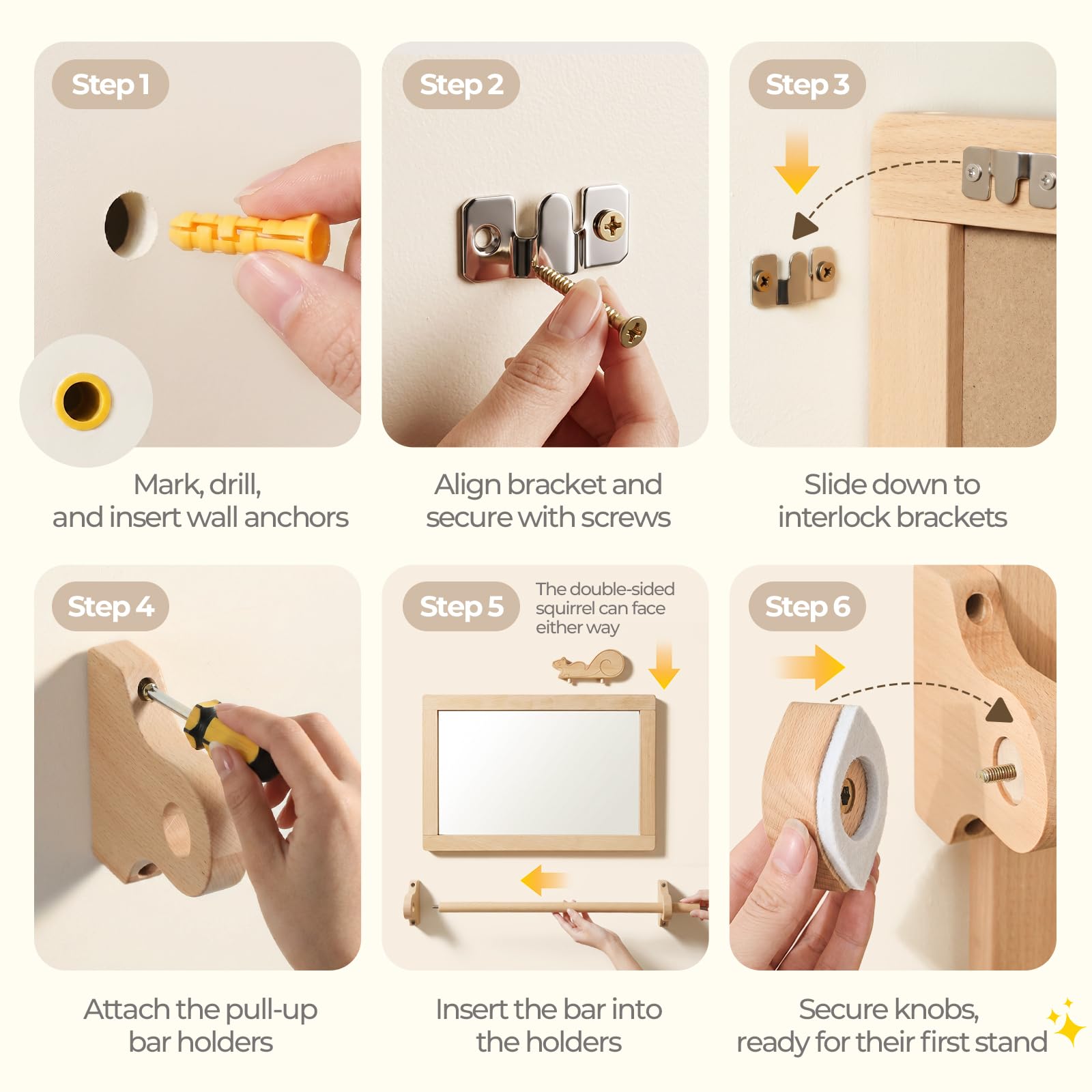 Hi Baby MONMENT Montessori Miroir avec Barre, Cadre en Bois Amovible, sécurité incassable, Support Mural, Miroir pour bébé