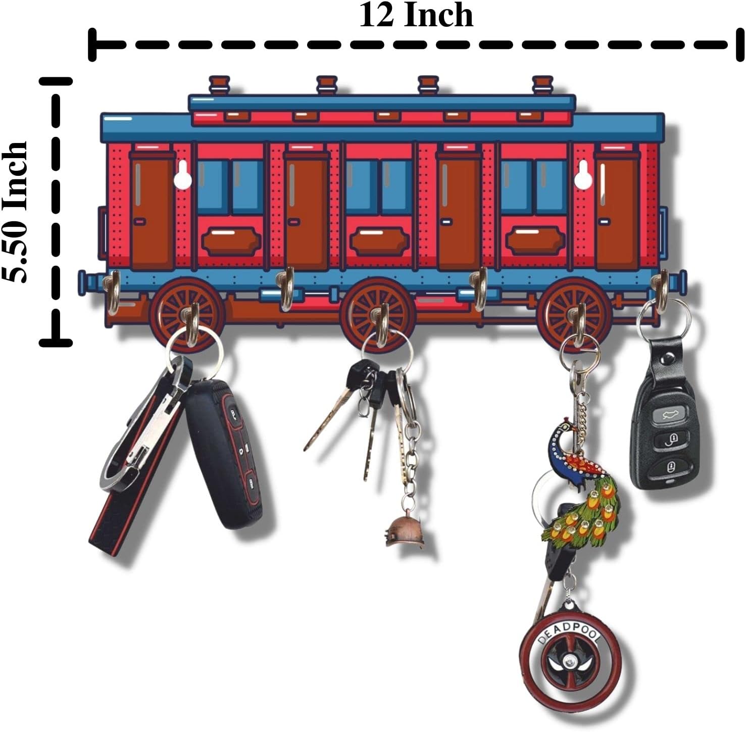 Webelkart Premium HD UV Printed Retro Train Shaped Keys Wooden Key Holder (12 Inch x 5.50 Inch, Wood, Multicolor)- 7 Hooks