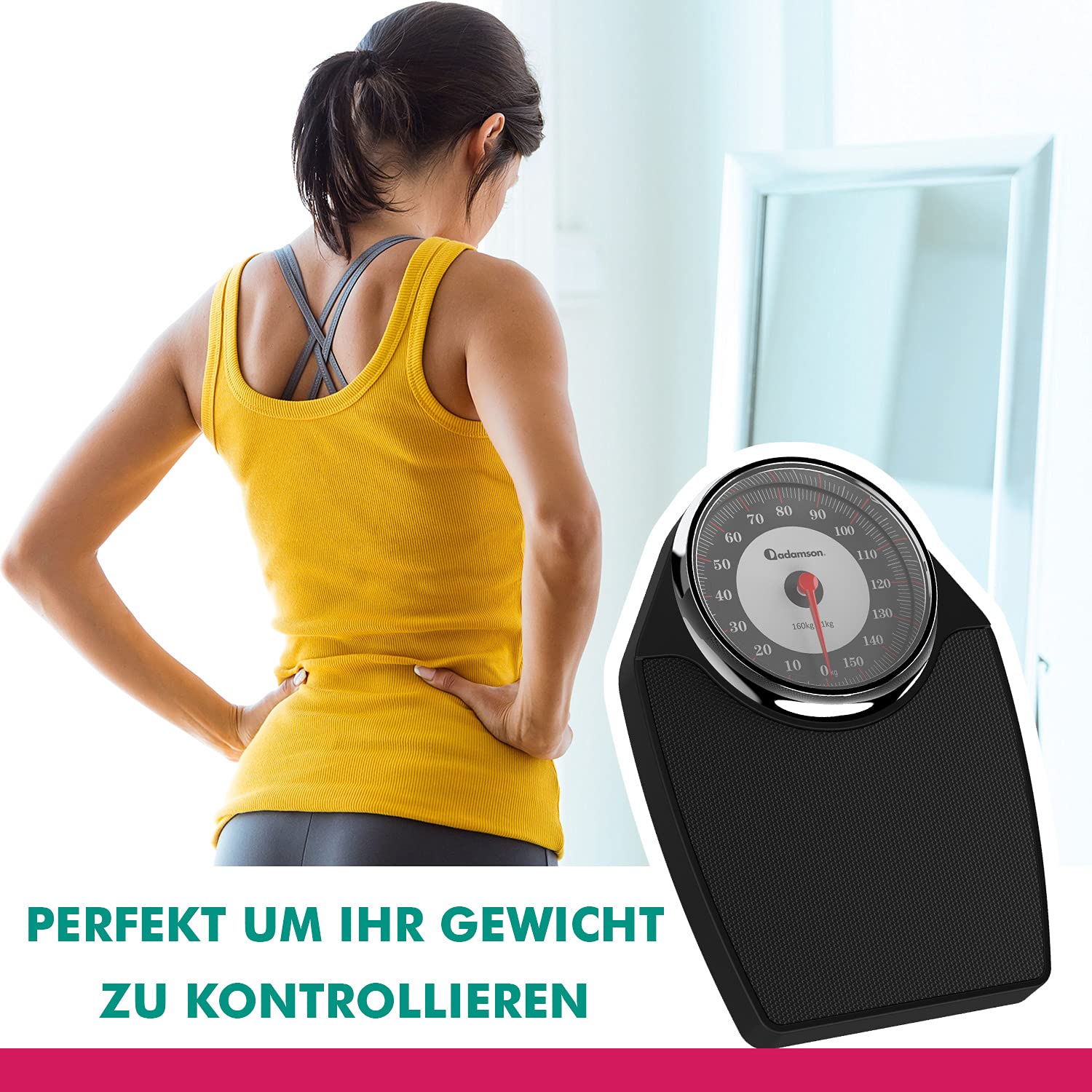 Adamson A24 Analogwaage - NEU - bis 160kg, rutschfeste Gummioberfläche, extra große Ziffern, hochpräzise Personenwaage Analog, langlebig, 20-Jahre Support für Haushalt, Schlafzimmer, Bad